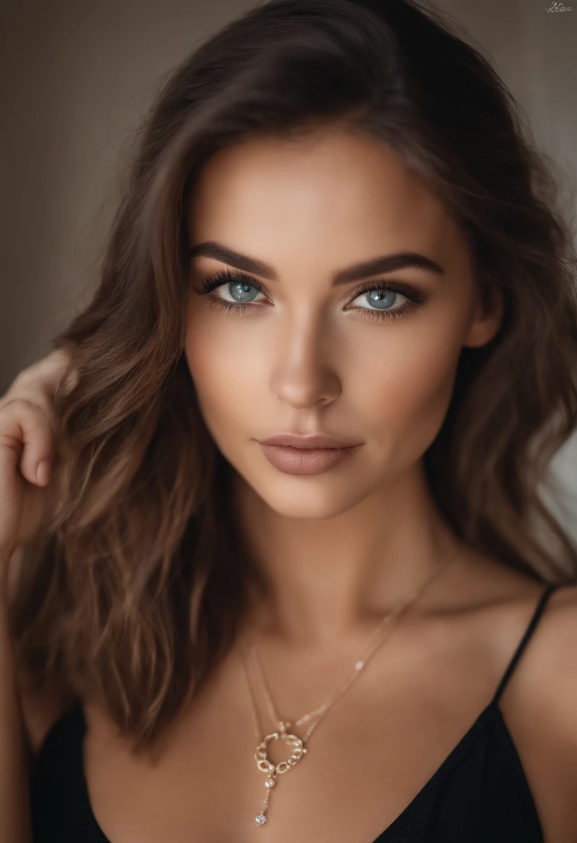 cropped woman with white tank top and necklace, fille sexy aux yeux verts, Portrait de Sophie Mudd, cheveux bruns et grands yeux, selfie d&#39;une jeune femme, Yeux de chambre, violette myers, sans maquillage, Maquillage naturel, regarder directement la caméra, visage avec artgram, maquillage subtil, stunning photo de tout le corps, yeux verts perçants, porter une mini-robe noire moulante, photo de tout le corps