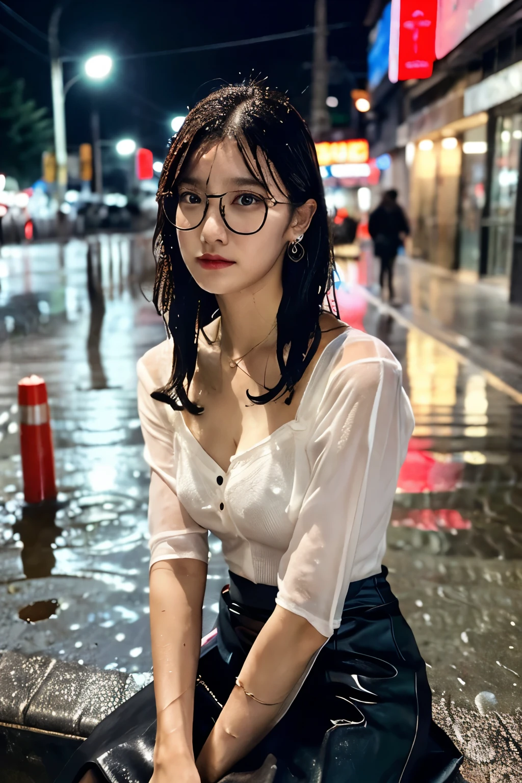 (RAW shooting, Photoreal:1.5, 8K, highest quality, masterpiece, ultra high resolution), perfect dynamic composition:1.2, Night street corner of a modern city, expression of sadness:0.3, (((Typhoon heavy rain))), Highly detailed skin and facial textures:1.2, Slim office lady wet in the rain:1.3, Japanese girl, 22 years old, Fair skin, white skin, sexy beauty:1.1, perfect style:1.2, beautiful and aesthetic:1.1, very beautiful face, water droplets on the skin, bun hair, (rain drips all over my body:1.2, wet body:1.2, wet hair:1.3), ( Wet long skirt:1.2, Wearing wet casual clothes:1.3), collarbone, belt, (Bra see-through, Chest gap), (cry, lovelorn, The expression on your face when you feel intense caress, Facial expression when feeling pleasure), (beautiful black eyes, Eyes that feel beautiful eros:0.8), (Too erotic:0.9, Bewitching:0.9), cowboy shot, necklace, earrings, bracelet, (wear glasses), (go up the stairs:0.7, View from directly below:0.7),