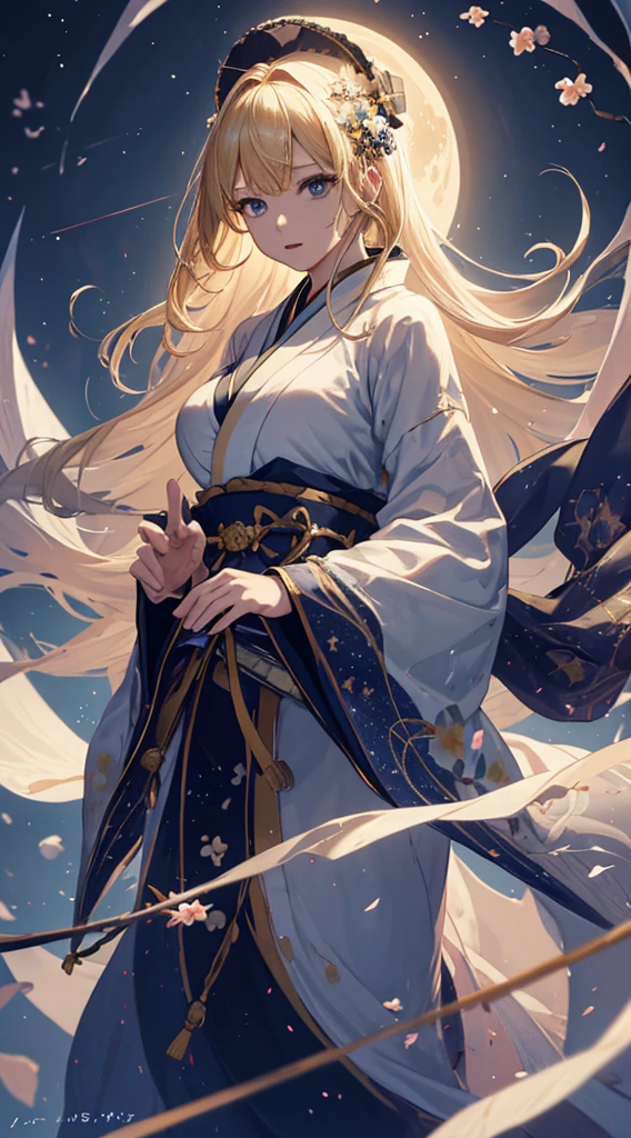 masterpiece, high quality, 4K, Beautiful design, silhouette,blonde,, 非常に詳細な夜のStarry Sky,Flower Field, wonderful, Finer details, Very knowledgeable woman, Highly detailed solo, 1 female,Beautiful Eyes,Tears running down my cheeks,Big Breasts,White kimono,Night view,Starry Sky,full moon,