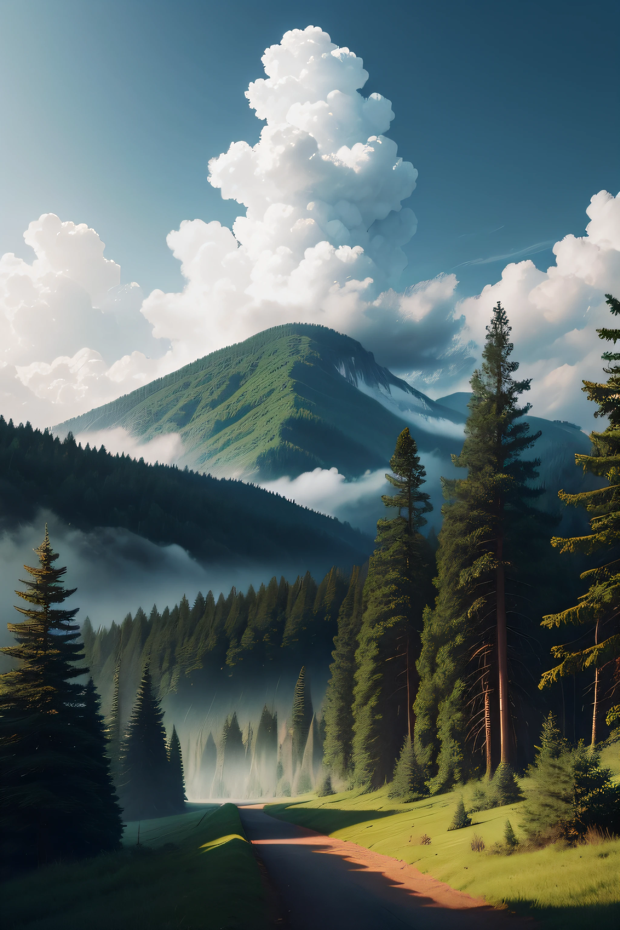 The sky is high and cloudy,nature scenes,forest trees