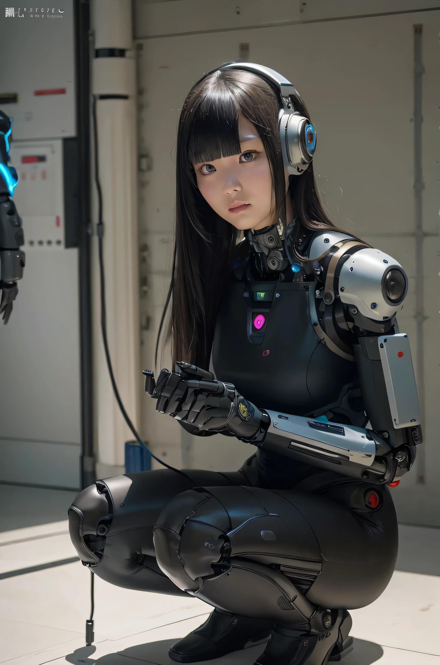 masterpiece, best quality, extremely detailed, Japaese Cyborg girl,Plump , control panels,android,Droid,Mechanical Hand, Robot arms and legs, Black Robot Parts,Black hair,Mechanical body,Blunt bangs,White robotics parts,perfect robot girl,future information counter,reception,long tube,thick cable connected her neck,ceramic body ,mechanical body, ear antenna,mechanical ear cover, loose boots,mechanical costume,android,robot,humanoid,cyborg,information office,japanese android receptionist ,mechanical chest,full eyes,dark black tights,squat