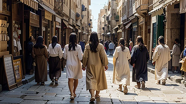 "A vivid and realistic scene depicting Jesus walking through the ancient streets of Jerusalem, surrounded by his disciples. Jesus is at the center, dressed in traditional robes, with a calm and compassionate expression. He is walking along a narrow, cobblestone street lined with stone buildings typical of ancient Jerusalem. The disciples are gathered around him, some walking closely by his side, others slightly behind, all listening intently to his words. The streets are bustling with activity, with townspeople and market stalls visible in the background. The sunlight creates a warm, golden glow, casting soft shadows and highlighting the textures of the buildings and the cobblestones. The overall atmosphere is one of reverence and devotion, capturing a moment of teaching and fellowship. The image size is 16:9, providing a widescreen view of the entire scene."