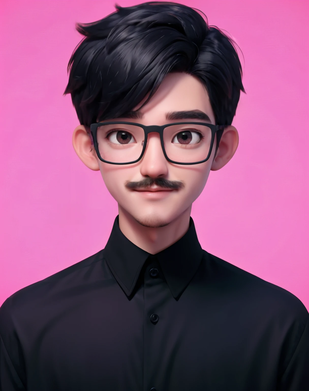 "Best quality, 1 boy and 1 man, ages 30, solo, cartoon 3D portrait, minimalist red background, short black hair, pink lips, black shirt, black glasses, direct gaze." gaming setup background moustache