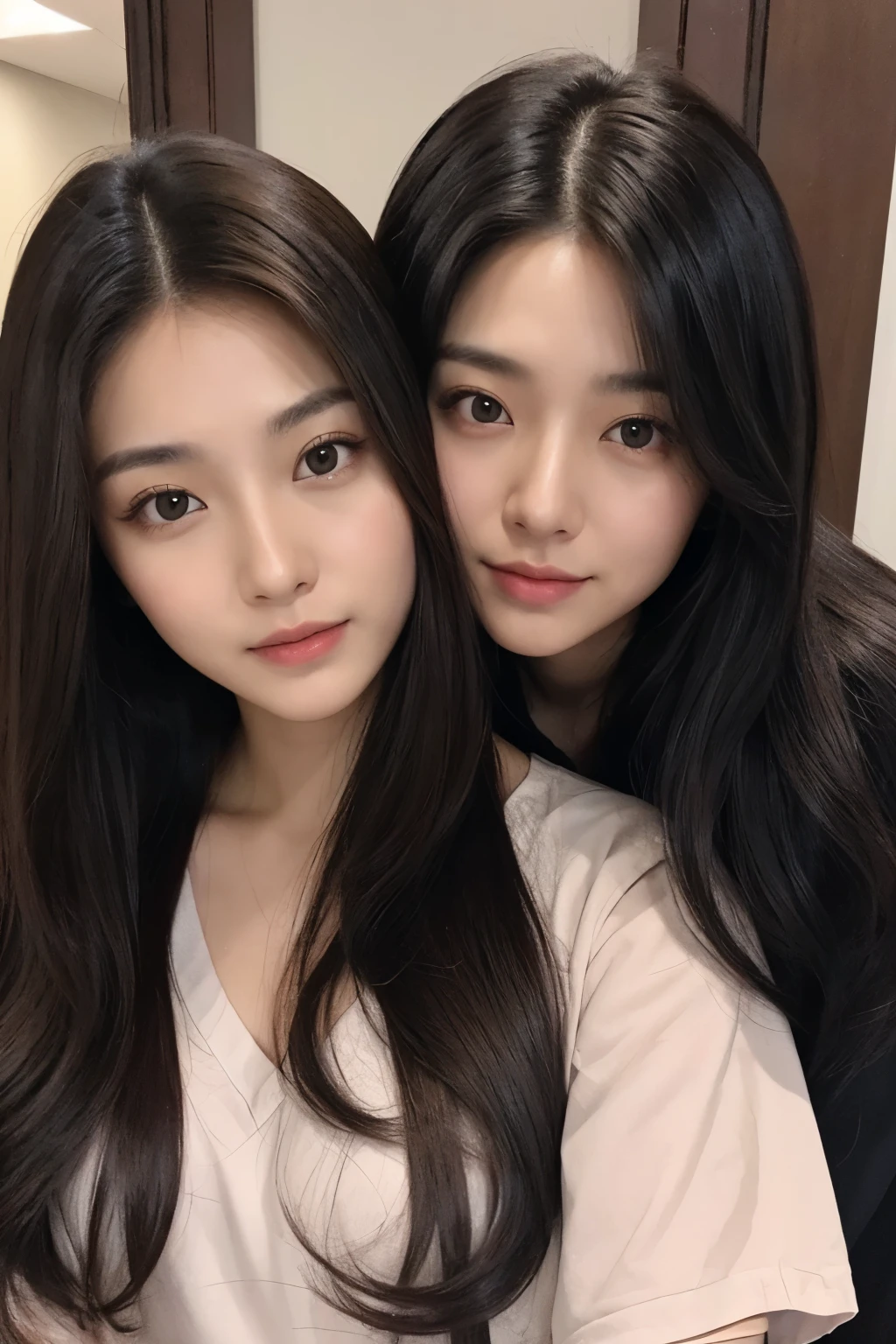 A handsome man 30 years old, a doctor, standard haircut, black hair, korean style, with a girl 17 years old, long hairstyles chocolate color, hug