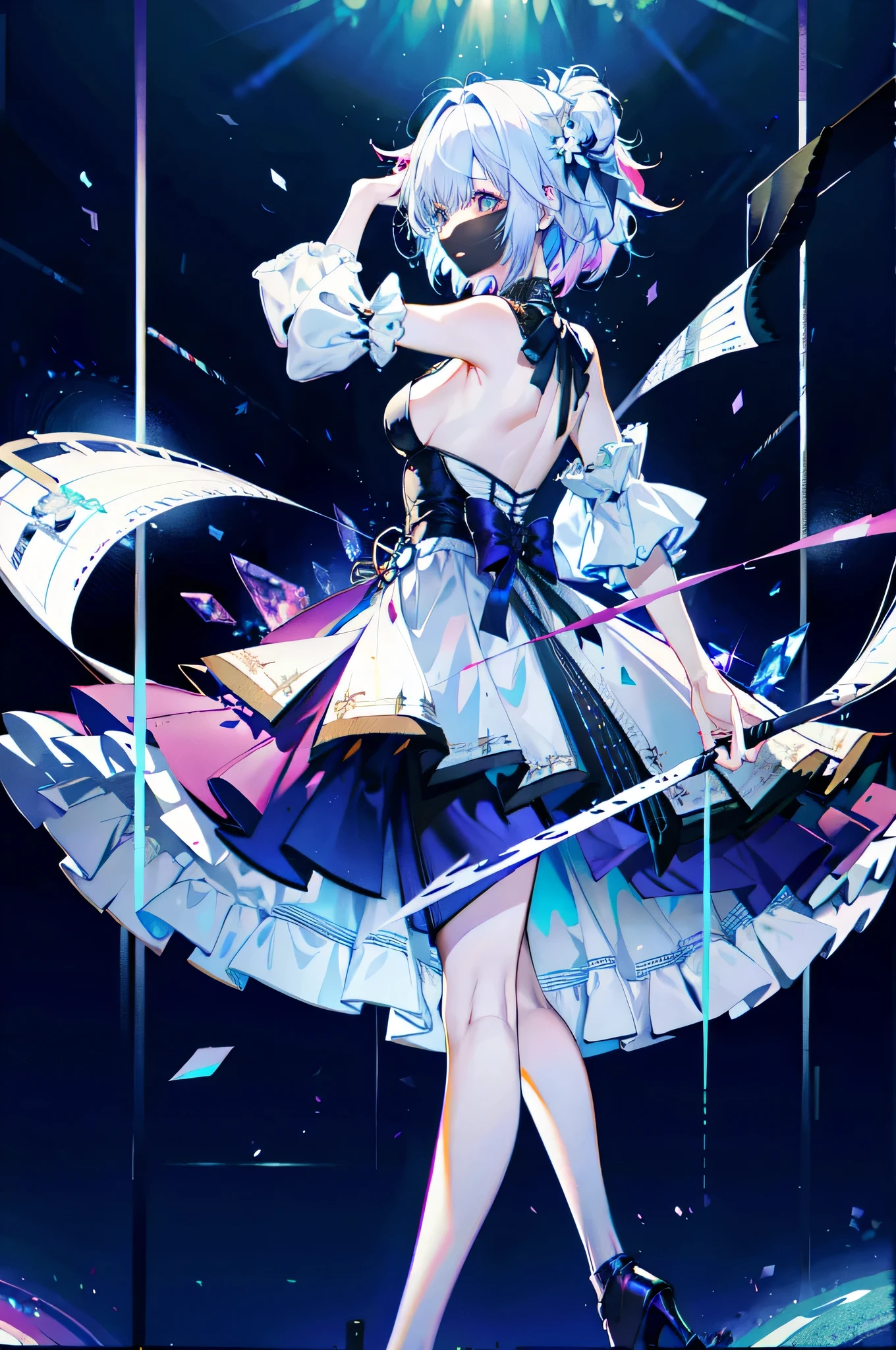 (best qualtiy,8K,Beautiful wallpapers,detailed back ground,A high resolution,absurderes,full bloom,messy hair,shinny hair,Exposure to light,Bright pupils),
1girll,Focus on the legs,receiver,long whitr hair,silber hair,Large_Breasts,Action_Pose,standing on your feet,Behind the arm,Stage,spotlight lights,glass ceilings,
God and(Genshin Impact),Hair_decorations,Hair is more than one eye,designer dress,dutchangle_Angle,