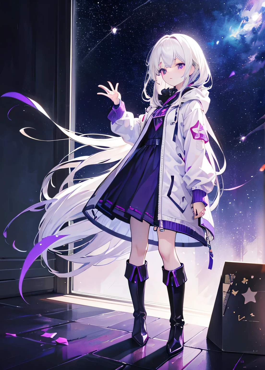 （tmasterpiece,best qualtiy,style of anime,Sense of atmosphere，higher details，CG Rendering，standing painting，Ray traching，sci-fy，An AI，awardwinning，Divine Skylight，Exquisite facial features)(white color hair，Long whit hair，Hair straightening，Purple pupils，Purple starry hooded jacket，There is a purple cube suspended in the hand，Purple Boots，Surrounded by purple particles，Non-juvenile)（Starry sky background)
