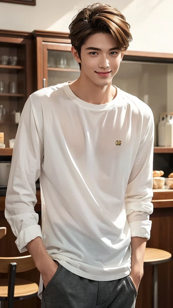 super high quality, Slender, The staff is working at the counter in the back., (8k、RAW Photos、highest quality、masterpiece:1.2), (Realistic、Photorealistic:1.37), Beautiful Face , Mesh Hair, Golden Ratio, Raw photo, musician, Light Brown Hair, Blurred Background, Spring Clothes, Cafe with a calm atmosphere, Well-designed furniture, Handsome S-class boys, Super cool S-class boys, Handsome guy, Loose Palmer, Beautiful hairstyle, White Shirt, A kind smile, 27 years old, 
