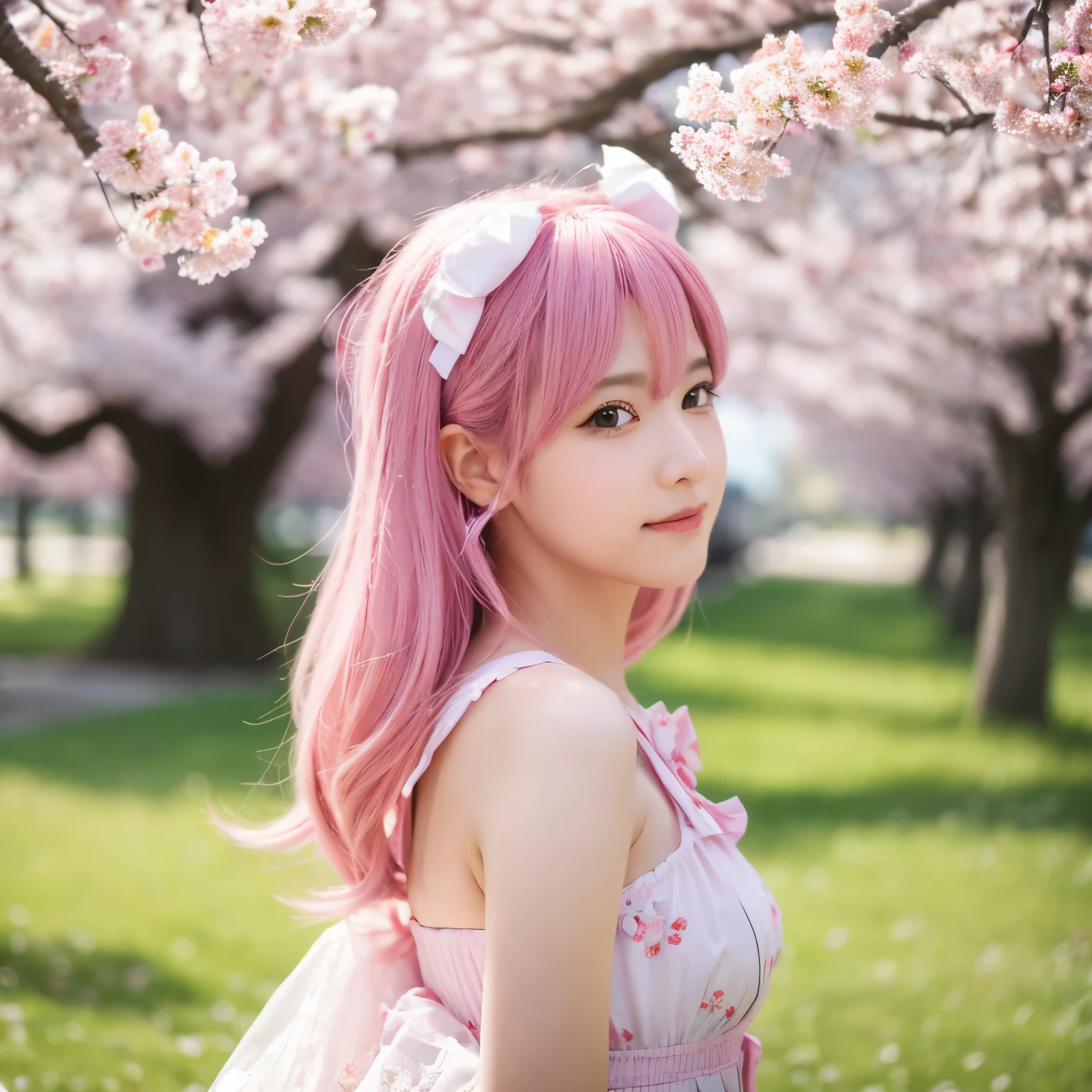 highest quality、masterpiece、Anime Girls、Hatsune Miku、Pink Hair、Cherry blossom hair accessory、Cherry blossom background、