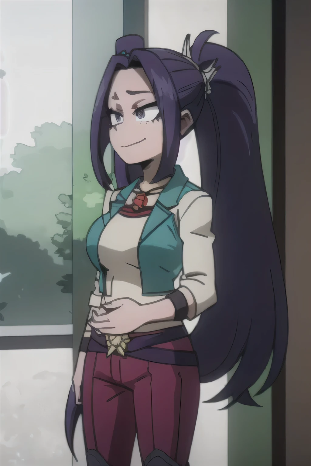 1 girl, big breasts, long hair, purple hair, twintails, purple eyes, smirk, teal jacket, white shirt, purple jeans, purple belt, red pendant, boots
