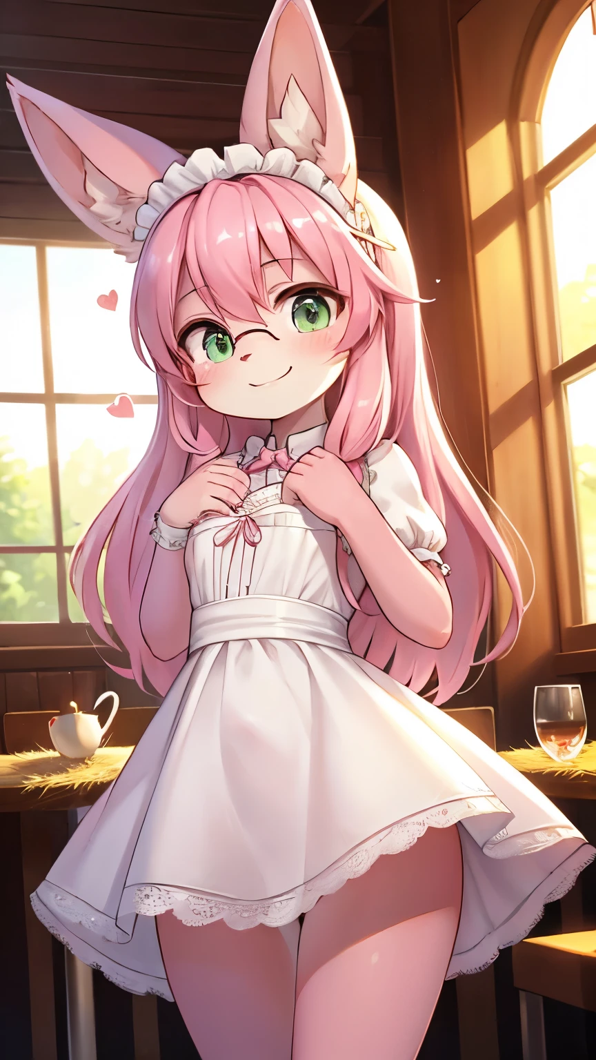 best quality,Best Solution,(fluffy human hairy :1.6),(young :1.6), Bunny Girl,Small Breasts,curls,curly hair,long hair,Pink bunny ears,Pink bunny tail,(Pink fur :1.6),Green Eyes,Sparkling eyes,Shining eyes,big round glasses,Maid costume,Maid headdress,(White女仆手套),(White),ribbon tie,looking at the audience,Full flush,Beautiful cafe,Romantic Lighting,light and shadow,Heart Eyes,Heart shaped eyes,Tempting face,Smile,Standing,Sexy pose