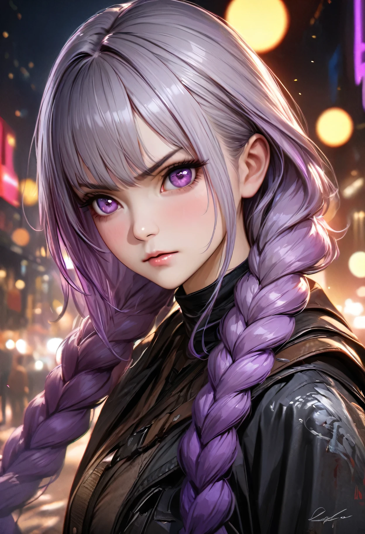 (best quality,4k,8k,highres,masterpiece:1.2),ultra-detailed,realistic:1.37, HDR,UHD,studio lighting,ultra-fine painting,sharp focus,physically-based rendering,extreme detail description,professional,vivid colors,bokeh,Night view, yinji , 1 Girl, purple hair,purple eyes,very long hair,grey hair,double braid,gradient hair, City background with neon lights, portrait, masterpiece, woman , Have a tattoo, post apocalyptic, ready to fight, Serious expression, 