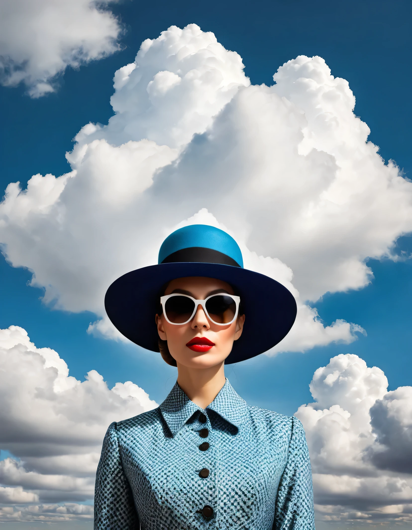 Cubist artwork in the style of Rene Magritte,Rene Magritte style,Rene Magritte Art,Rene Magritte woman wearing hat and sunglasses standing in front of clouds, Rene Magritte style, Artistic Fashion Photography, Inspired by Rene Magritte, Inspired by René Magritte, photographyalexey gurylev, Surreal style, Clemens Asher, photographyalexey kurylev, Inspired by Chris LaBrooy, Girl Cloud . Geometric shapes, Abstract, Innovative, Sexual