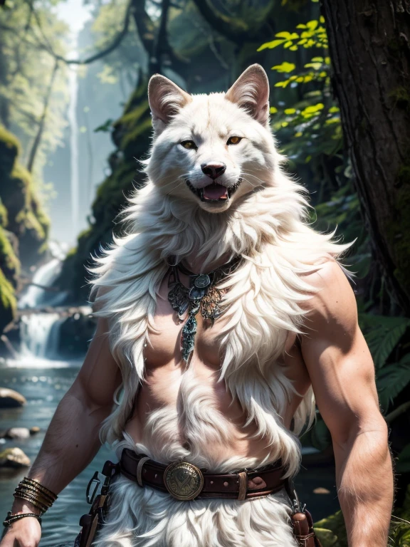 A humanized white wolf, strong body, looking at viewer, wilderness background