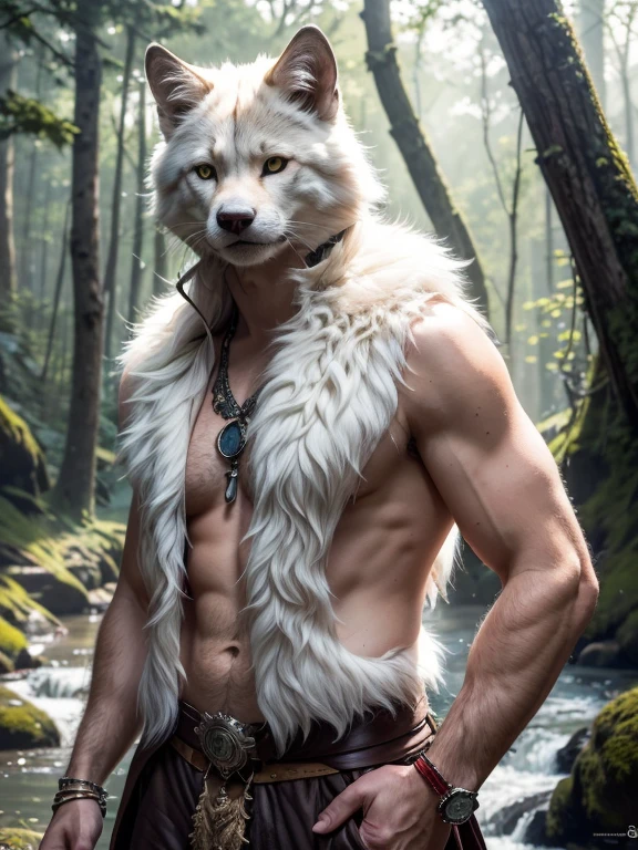 (best quality,4k,highres,ultra-detailed,realistic:1.2), HDR, vivid colors, professional, bokeh, portrait, animal, nature, detailed eyes, detailed smile, wild cat, male, white fur, pants, sleeveless vest, naked body, charming, woods, stream flow