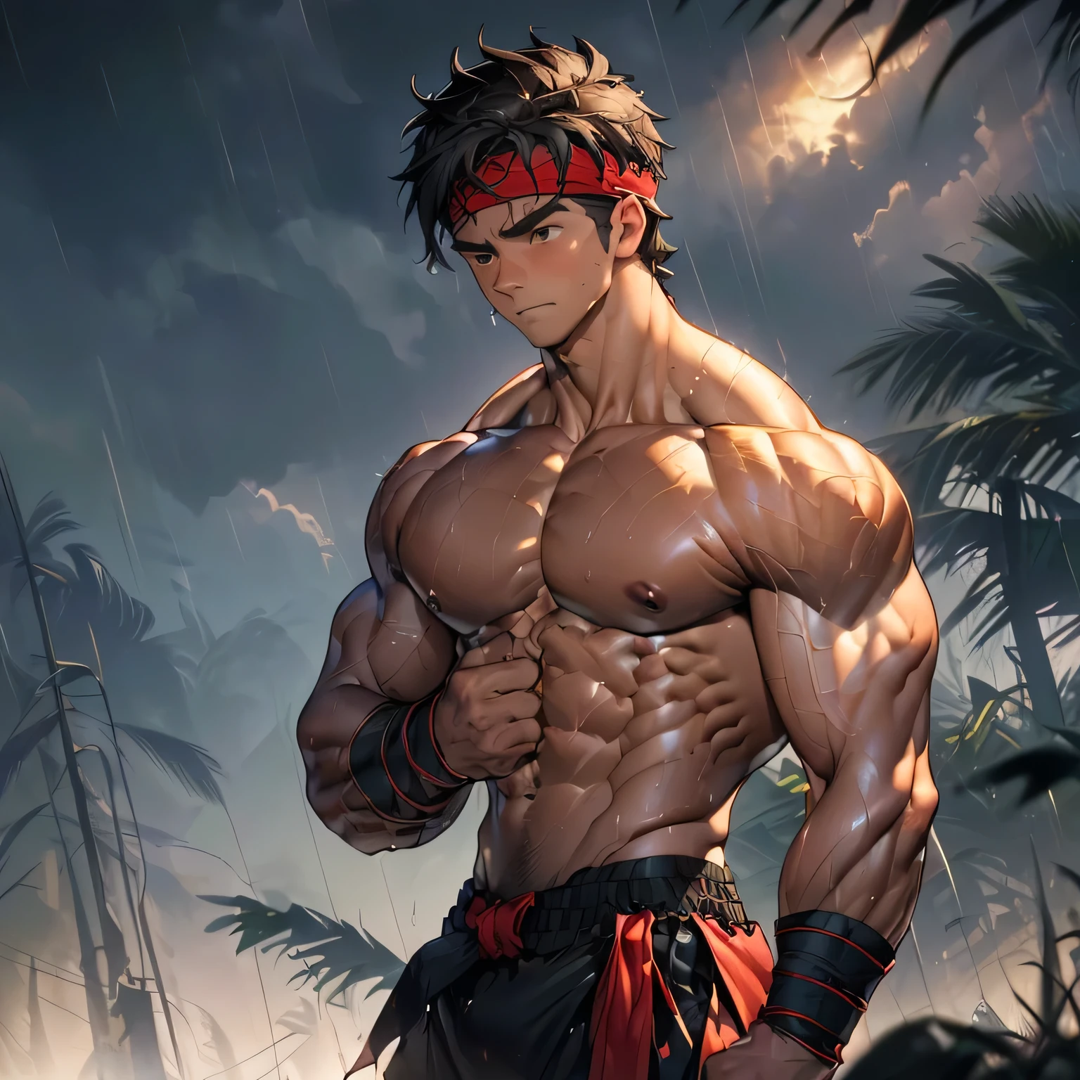 (Masterpiece, Best quality 19 year old boy, black background, bust shot, shoot from front, looking away), solo, Young, boy, muscler, Shirtless, topless, (Dark Short straight hair, under cut, brown eyes), (torn clothes, red headband, ((black wristband))), Vivid colors, (hot Abs:1.5, abs!, big abs, big breast:1.5, chest!, muscler upperarms:1.5), (topless male), muscler!, muscler, muscler body, (aura power:1.5), detailed face, detailed muscle, (((A magical mystical aura, rippling muscles, Martial arts action, under rain, bandages)))