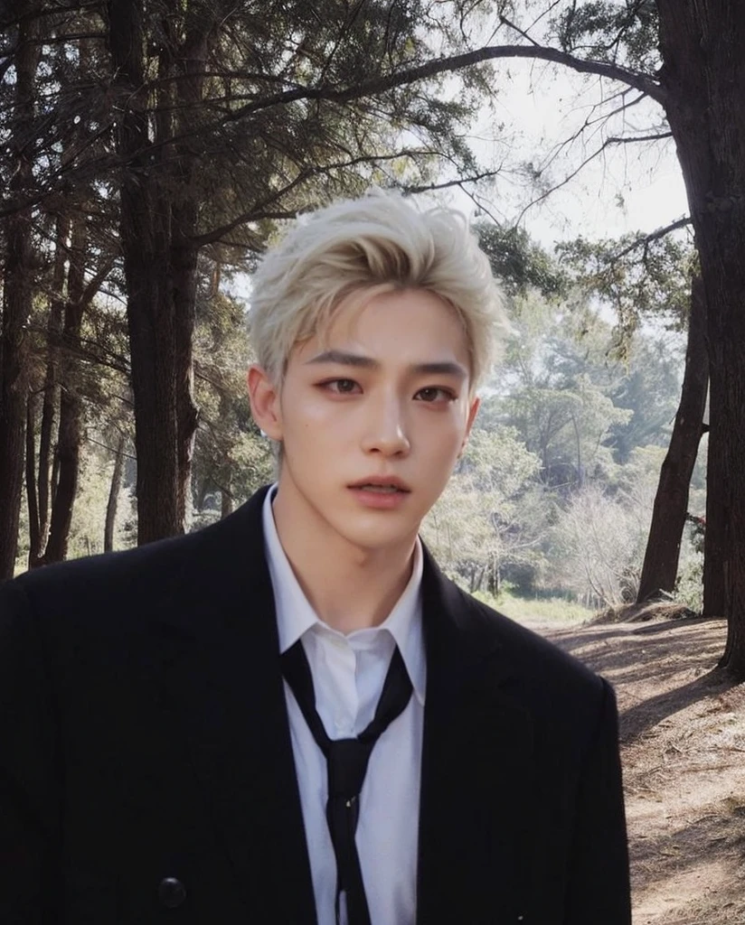 there is a man in a suit and tie standing in the woods, Jeon Jungkook, Jeonghan, Cai Xukun, Seventeen, Yanjun Chengt, Steve Jung, Hong junho hyung, taken at the beginning of 2020, kpop idol portrait, profile picture with headshot, inspirado em Jeonghan, ele tem cabelos grisalhos escuros