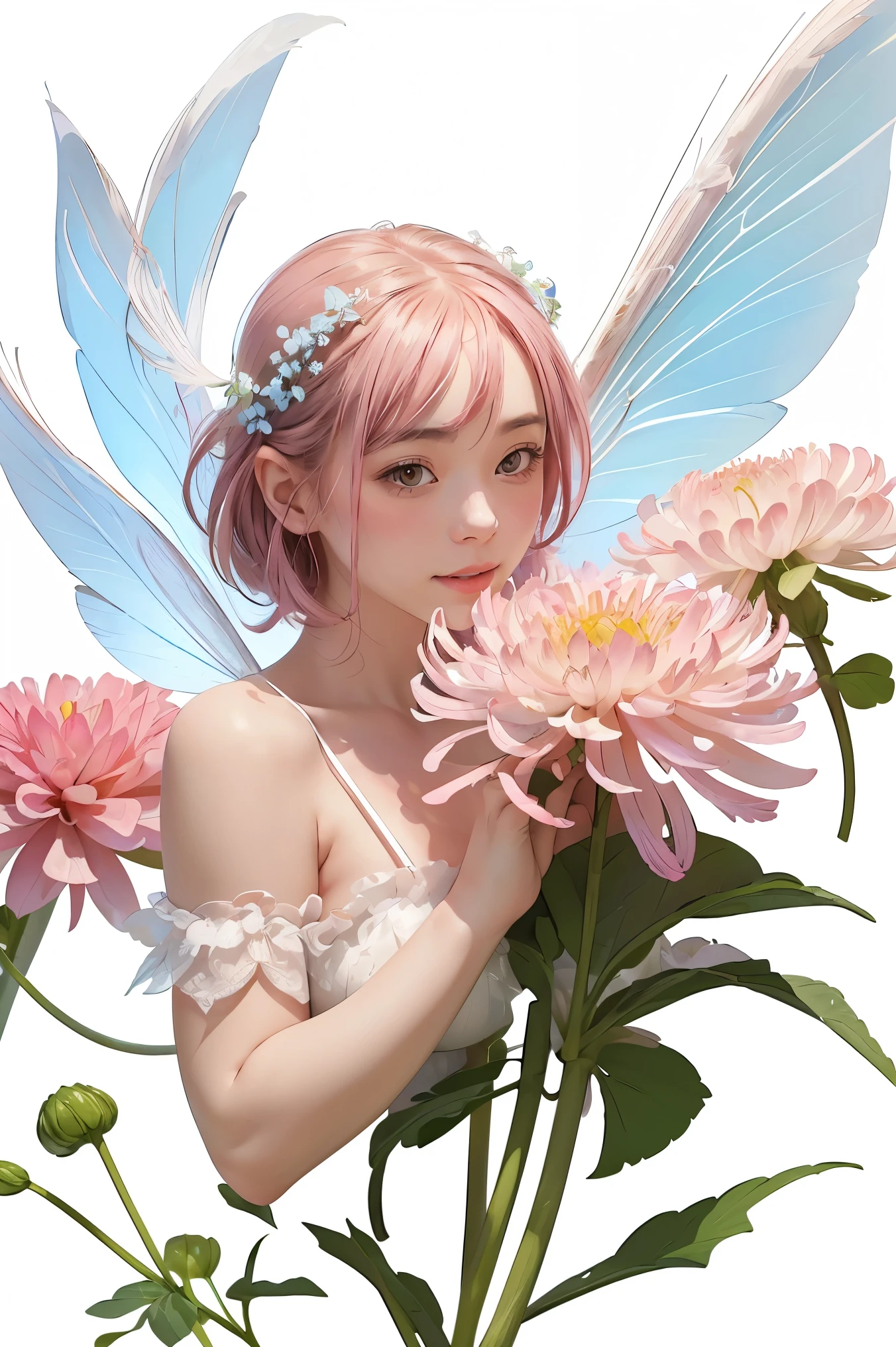 Realistic Clipart illustration,(((isolated on a white background))),very beautiful elegant pastel pink and white feather fairy in spring ,dark hair, hyper detail style, pink, green and soft pink mixed color settings, spiderlily, dahlias, ’s breath and forget me nots. mix of realism and elias chatzoudis style, vintage style, bioluminescence, glow, fairy fixed on white background, no background no shadow in png digital art, james gurney art, white background