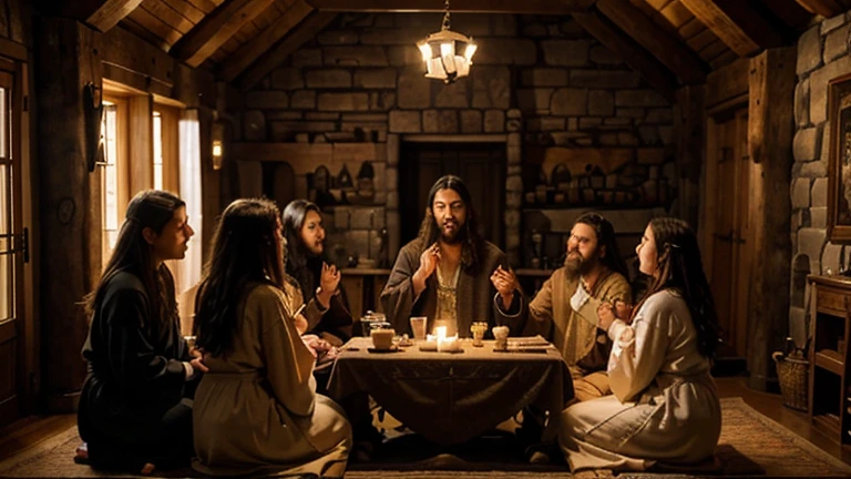 "A warm and inviting scene depicting Jesus sitting in the house of Zacchaeus, surrounded by a diverse group of people eagerly listening to his teachings about the things of God. Jesus is seated at the center, wearing traditional robes, with a gentle and compassionate expression. Zacchaeus is nearby, showing deep respect and attentiveness. The room is cozy and filled with warm light from oil lamps, illuminating the faces of those gathered. The architecture reflects the traditional style of ancient Jewish homes, with stone walls and wooden furniture. Men, women, and children are seated around Jesus, some on the floor, others on low stools, all focused intently on his words. The atmosphere is one of reverence, warmth, and community, capturing a moment of spiritual teaching and fellowship. The image size is 16:9, providing a widescreen view of the entire scene."