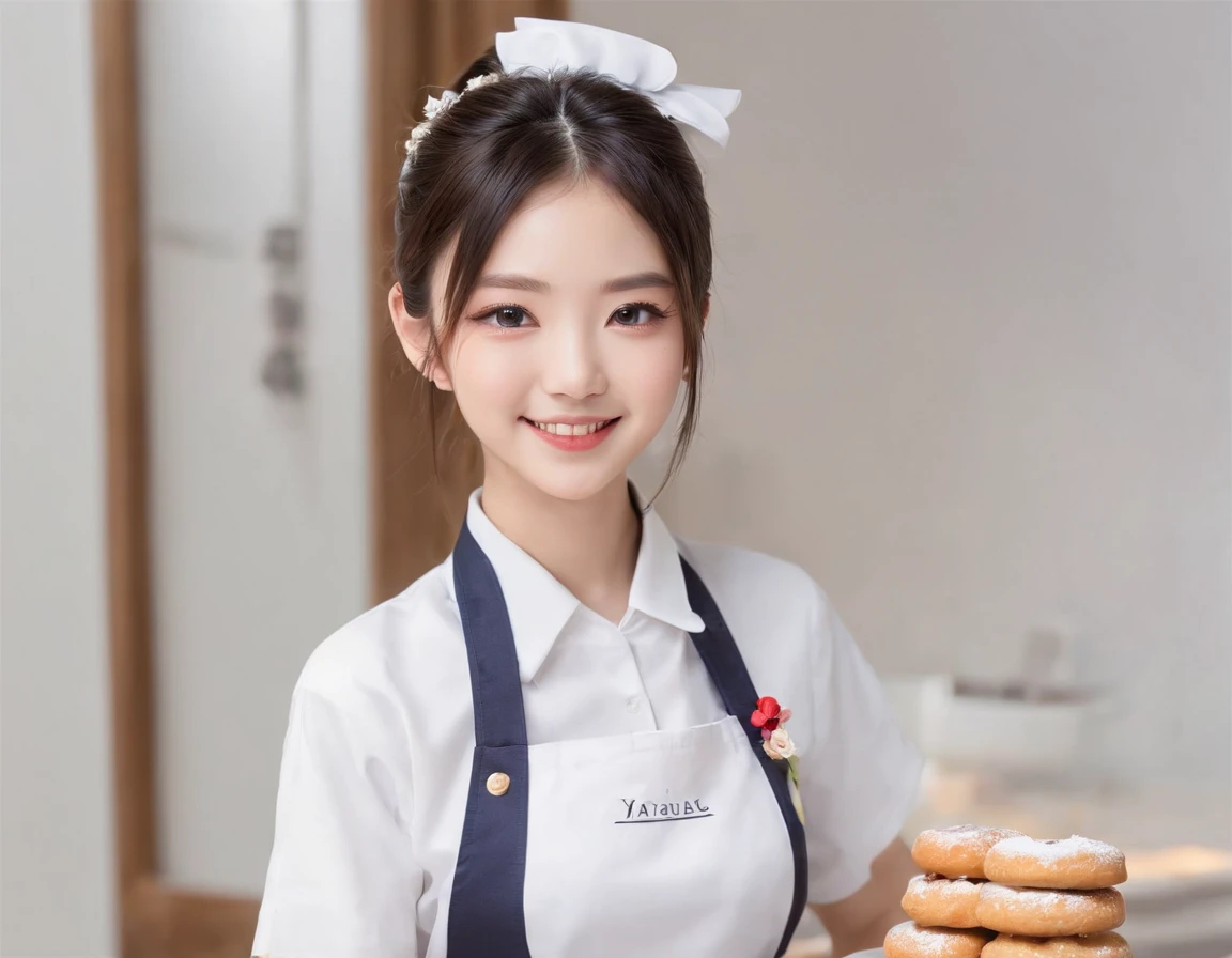 One Japanese high school girl is wearing an apron over her uniform, 18-year-old,She is smiling with a cute smile like an idol, showing her teeth. , Hairstyle: Ponytail、standing in the kitchen at full height, Make a cake together. Flirting on camera, kitchen, Blazer uniform and black apron, fruit, The process of making cakes and pastries. Flowers on the table, Berry, kitchenware, 7:4