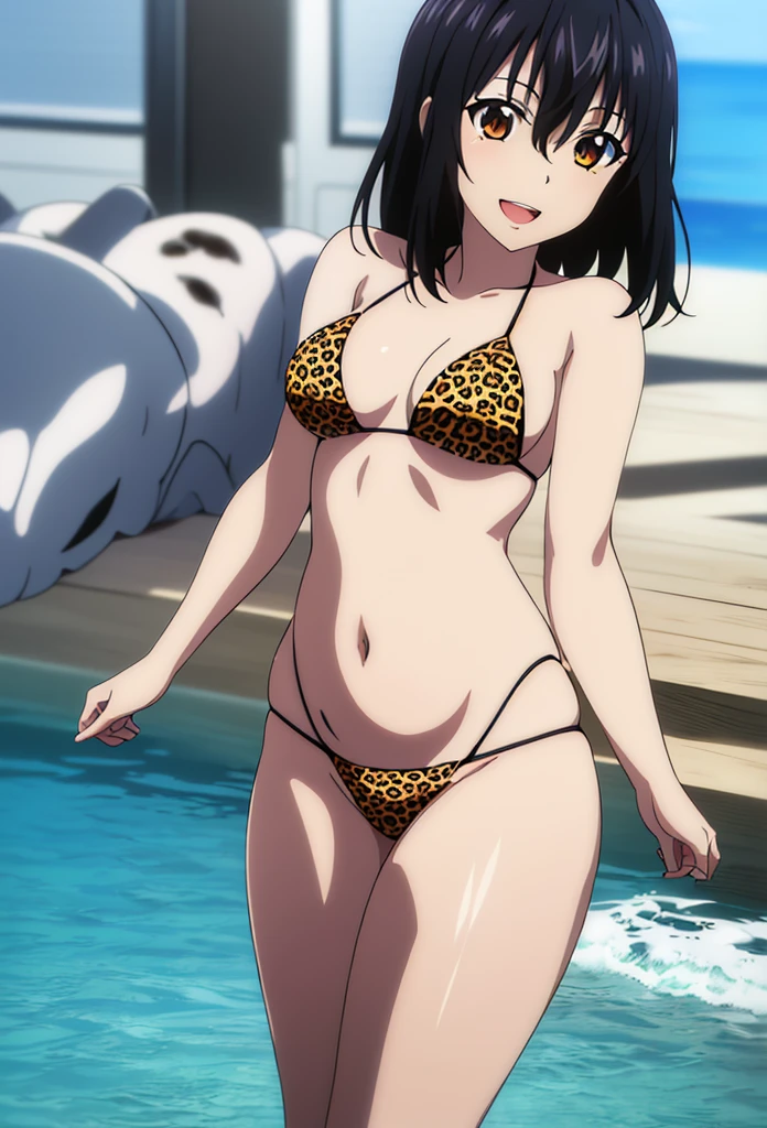 (masterpiece, 4K, highest quality, anime style: 1.9, Detailed face, Lovely, Ocean,Bold line, High resolution, anime, Lake 4. alone, Curvaceous, Thighs, 胸の谷between, Mid-chest, smile, Please open your mouth wide, Very slim belly, Cowboy Shot, Leopard print micro bikini,1 girl,short_hair, 前hair, black_hair, hair_between_eye, Brown_eye,Yukina Himeragi,Sculptural installation