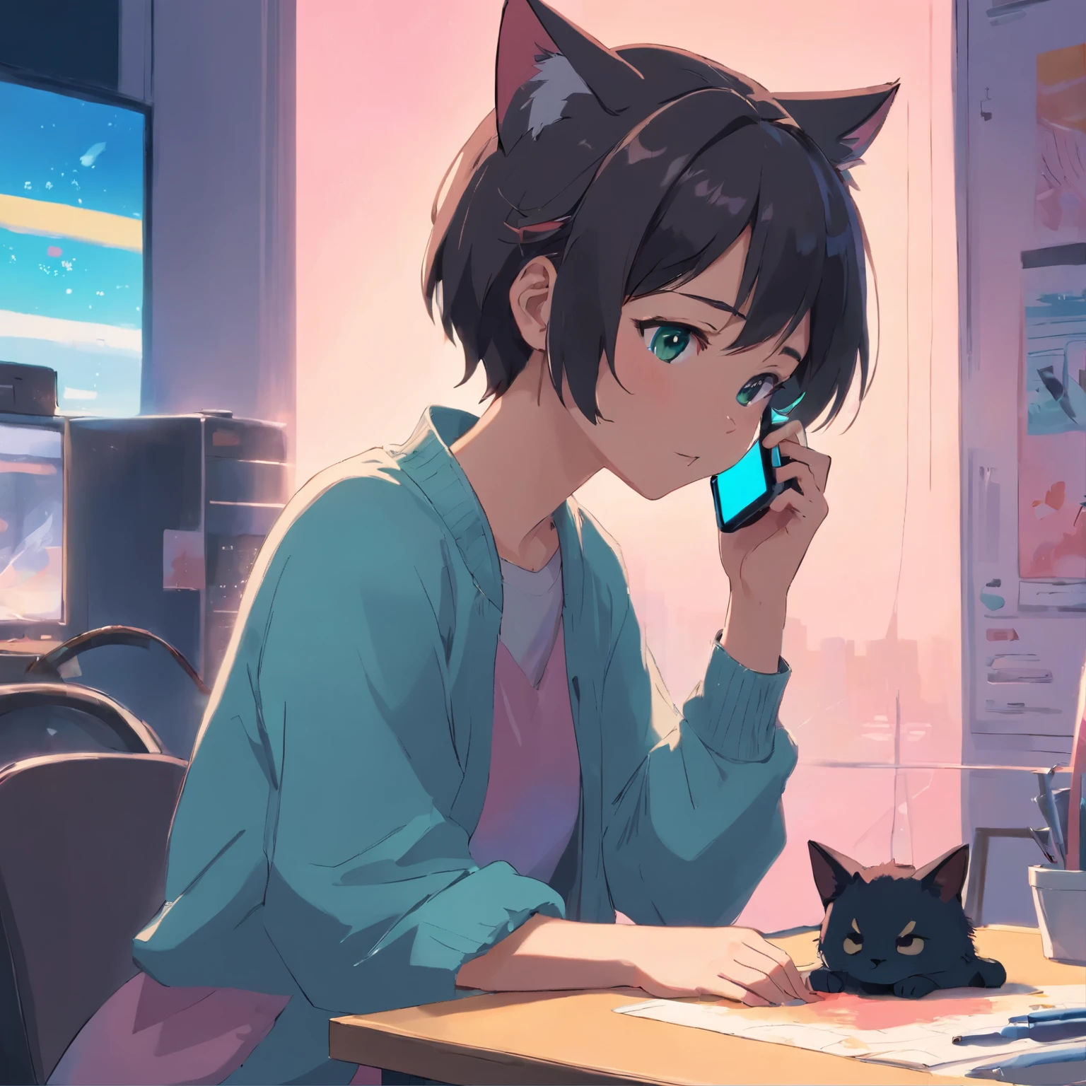 Cat in art, Grooming、leisure、Main color Black, Secondary color cyan, Pastel pink background, artistic, Sophisticated, Warm style, Shapes include abstract cats, Playful forms, Elegant piece, Textures include fur textures, Smooth paint, Fabric texture, The lines contain graceful lines, Natural curves, Delicate silhouette, The shape is elegant, approachable, Expressive, Aesthetic, Talking while holding the phone near your ear