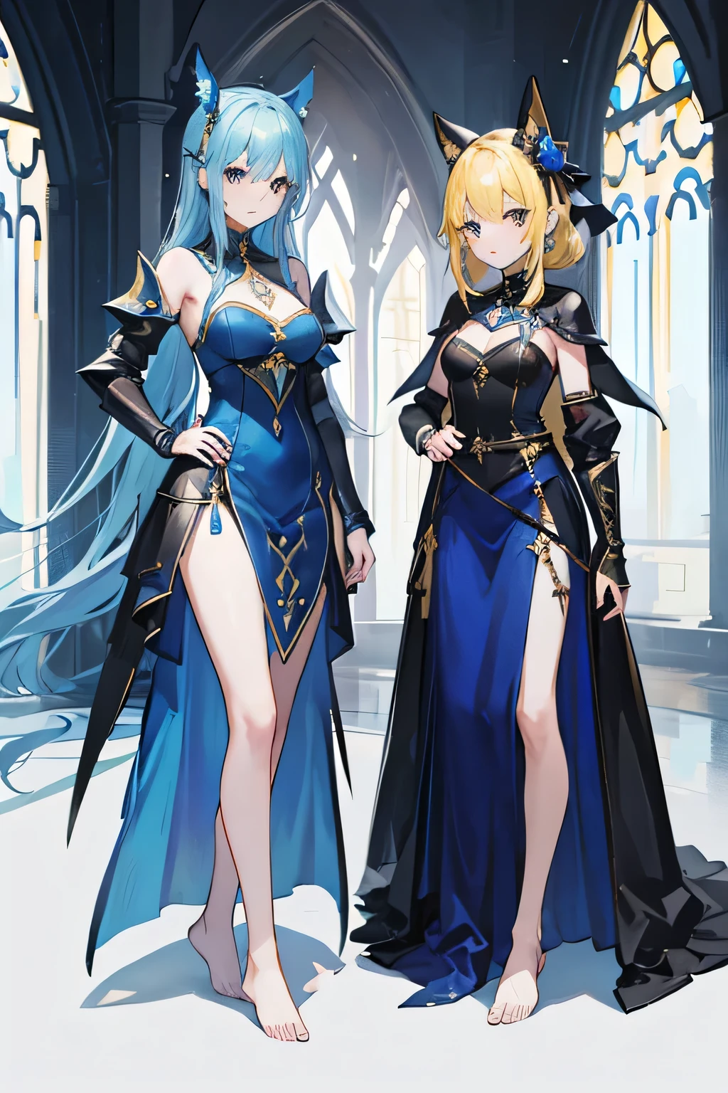 two girls, one being in a long blue dress with yellow details wearing a pointy mage hat, another ina black leather armor with a bow in the hand, full body, both barefoot, highest detailed