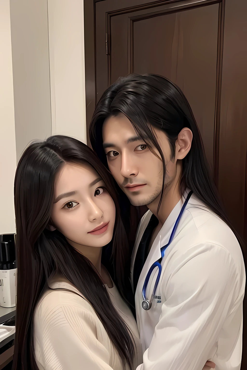 A handsome man 30 years old, a doctor, standard haircut, black hair, korean style

 with a girl ************, long hairstyles chocolate color, hug 