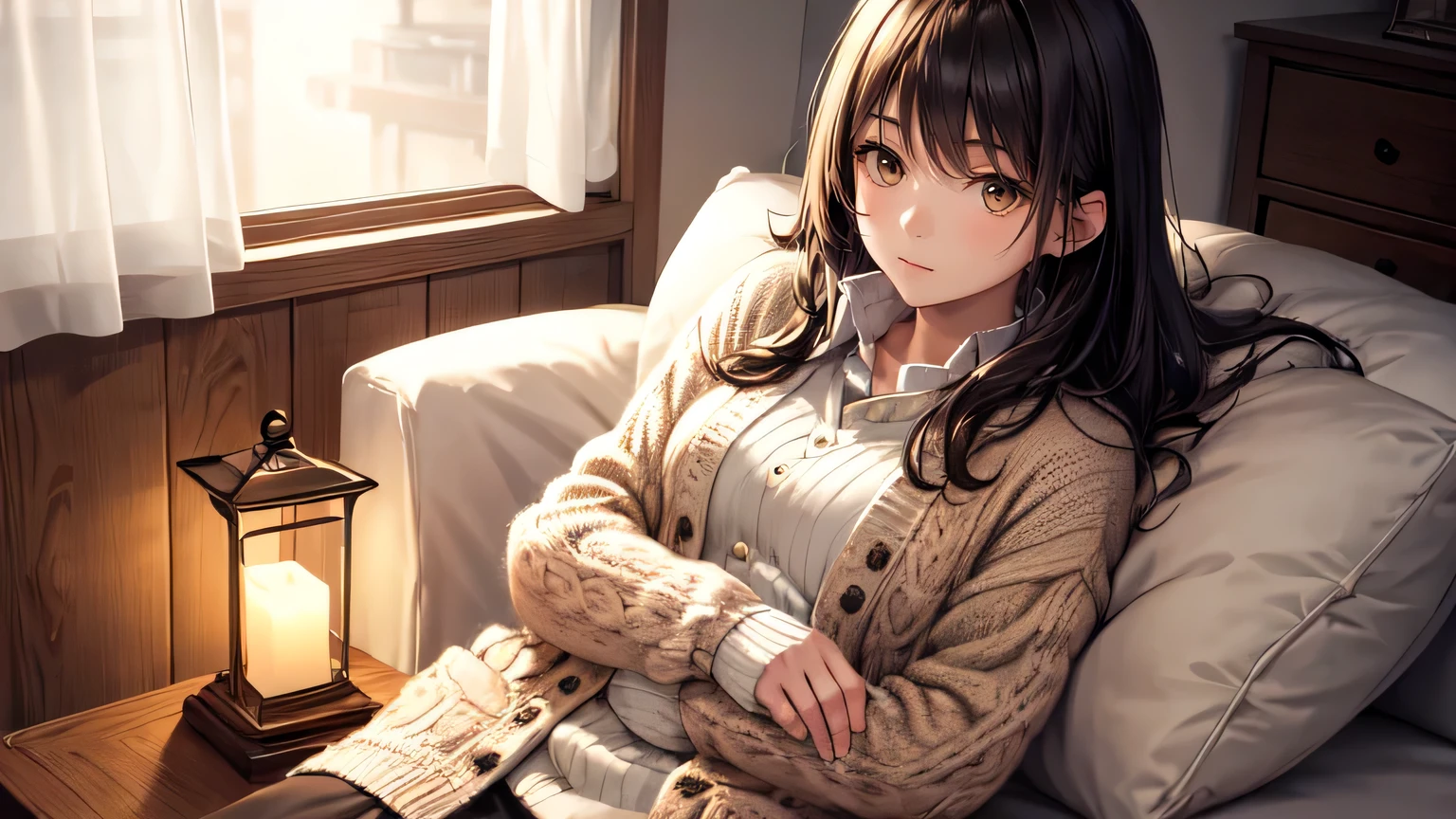 masterpiece, highest quality, One girl, Nighttime relaxation, quiet, peaceful, comfortable, relax, Fluffy knit cardigan, Warm lighting,Sepia,