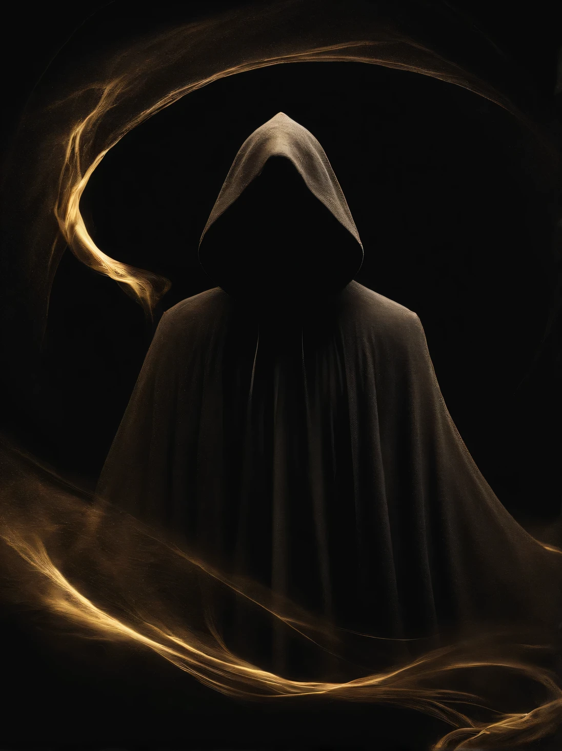 Abstract and surreal image of Black Grim Reaper, dark dust rises from the depths of the abyss and swirls in a vortex of darkness and golden light, forming a large ephemeral Black Grim Reaper made of dark dust combined with darkness and light, the canopy of the Black Grim Reaper hoodie sways on a vortex of dust, the vortex smoothly turns into Black Grim Reaper and is its continuation, it complex, Detailed, Intricate, Perfect, masterpiece, abstraction, real, detailed, Movie Still, Film Still, Cinematic