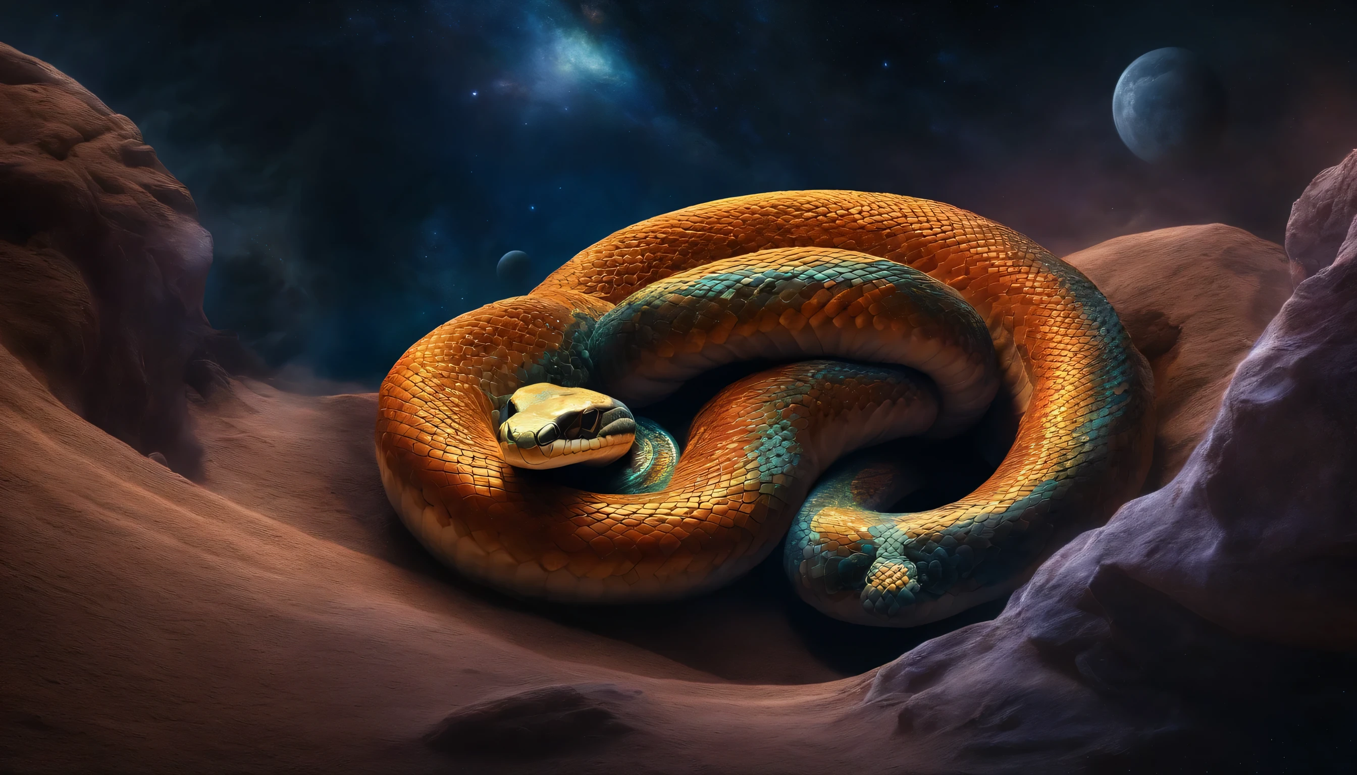 The god of the universe who looks like a multi-headed snake, Curled up on multiple planets