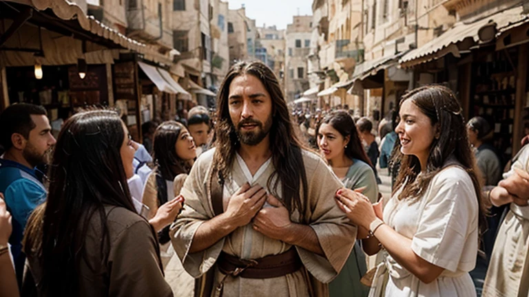 "A dynamic and inspiring scene depicting Jesus healing people on a bustling street and performing miracles. Jesus is at the center, dressed in traditional robes, with a compassionate and serene expression. He is surrounded by a diverse crowd of people, including the sick, the lame, and the blind, all reaching out to him with hope and faith. Some are shown being healed, with expressions of joy and amazement on their faces. The background features the architecture of ancient Jerusalem, with stone buildings and market stalls, adding to the authenticity of the scene. The atmosphere is filled with a sense of awe and reverence, as those who witness the miracles are moved by the divine power of Jesus. The overall composition captures the moment of healing and the profound impact on the people around him. The image size is 16:9, providing a widescreen view of the entire scene."