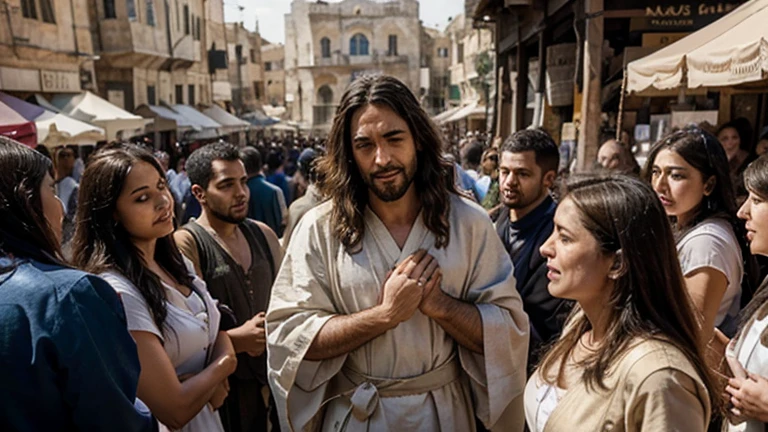 "A dynamic and inspiring scene depicting Jesus healing people on a bustling street and performing miracles. Jesus is at the center, dressed in traditional robes, with a compassionate and serene expression. He is surrounded by a diverse crowd of people, including the sick, the lame, and the blind, all reaching out to him with hope and faith. Some are shown being healed, with expressions of joy and amazement on their faces. The background features the architecture of ancient Jerusalem, with stone buildings and market stalls, adding to the authenticity of the scene. The atmosphere is filled with a sense of awe and reverence, as those who witness the miracles are moved by the divine power of Jesus. The overall composition captures the moment of healing and the profound impact on the people around him. The image size is 16:9, providing a widescreen view of the entire scene."