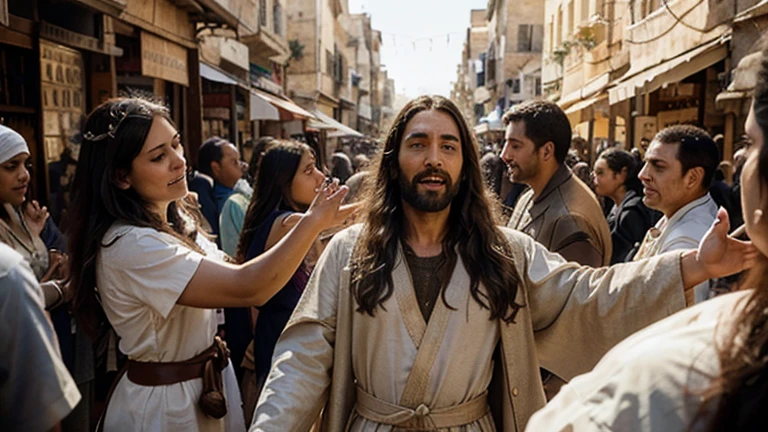"A dynamic and inspiring scene depicting Jesus healing people on a bustling street and performing miracles. Jesus is at the center, dressed in traditional robes, with a compassionate and serene expression. He is surrounded by a diverse crowd of people, including the sick, the lame, and the blind, all reaching out to him with hope and faith. Some are shown being healed, with expressions of joy and amazement on their faces. The background features the architecture of ancient Jerusalem, with stone buildings and market stalls, adding to the authenticity of the scene. The atmosphere is filled with a sense of awe and reverence, as those who witness the miracles are moved by the divine power of Jesus. The overall composition captures the moment of healing and the profound impact on the people around him. The image size is 16:9, providing a widescreen view of the entire scene."