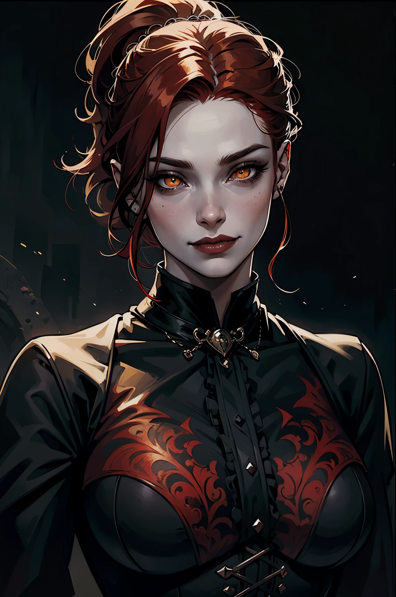 Woman with red hair and yellow eyes in black shirt, white lips,  huge breasts, ponytail, smiling, Vampire Girl, Dark, But detailed digital art, dark fantasy style art, Portrait of a vampire, androgynous vampire, Dark art style, style of charlie bowater, gothic horror vibes, tom bagshaw artstyle, gothic art style, dark fantasy portrait, neoartcore and charlie bowater