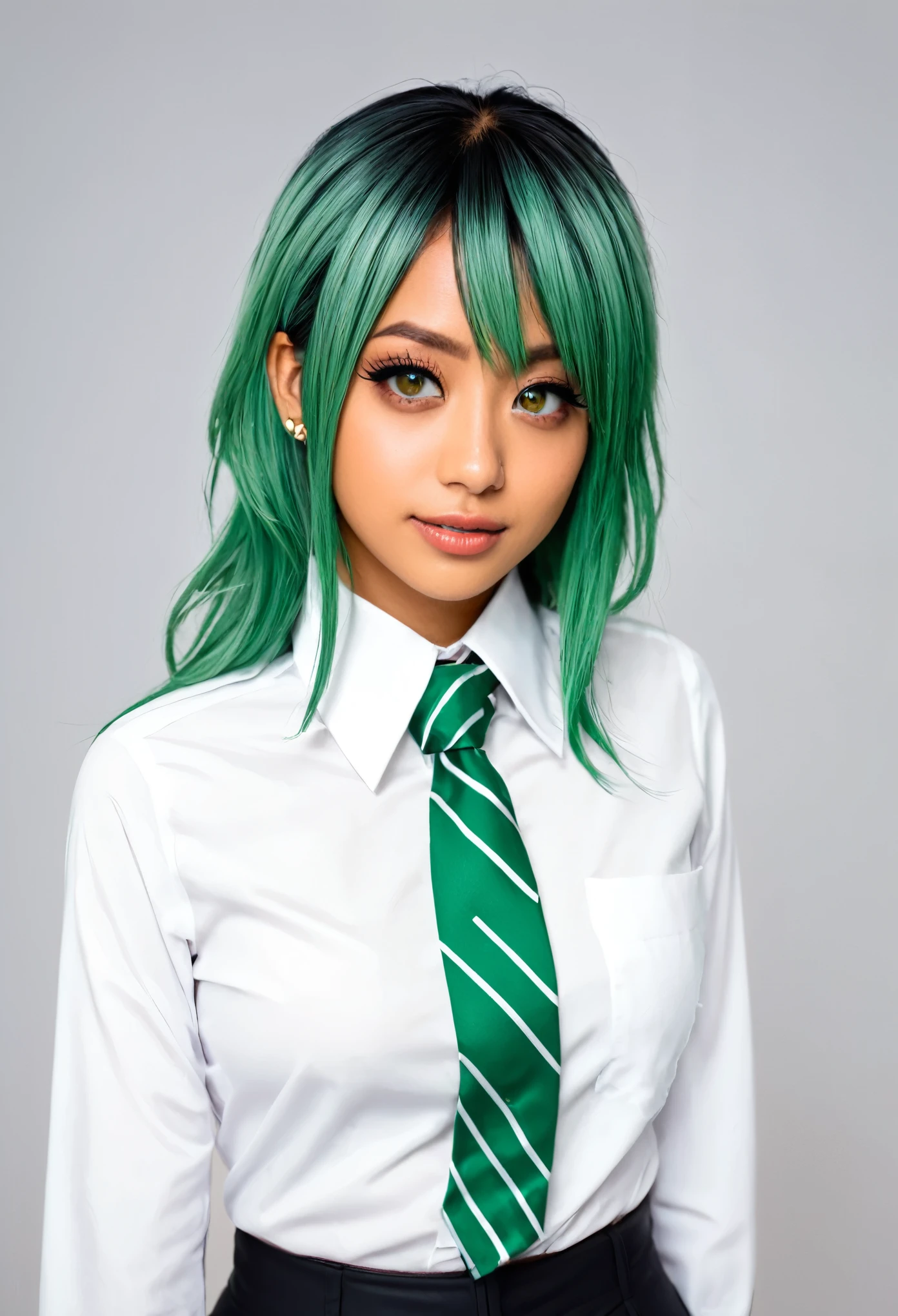 Imagen de My hero academia, chica de cabello negro con puntos chocolates, ojos negros, lunar a lado del ojo, tierna, alegre, cold, camisa blanca, falda verde ,corbata roja