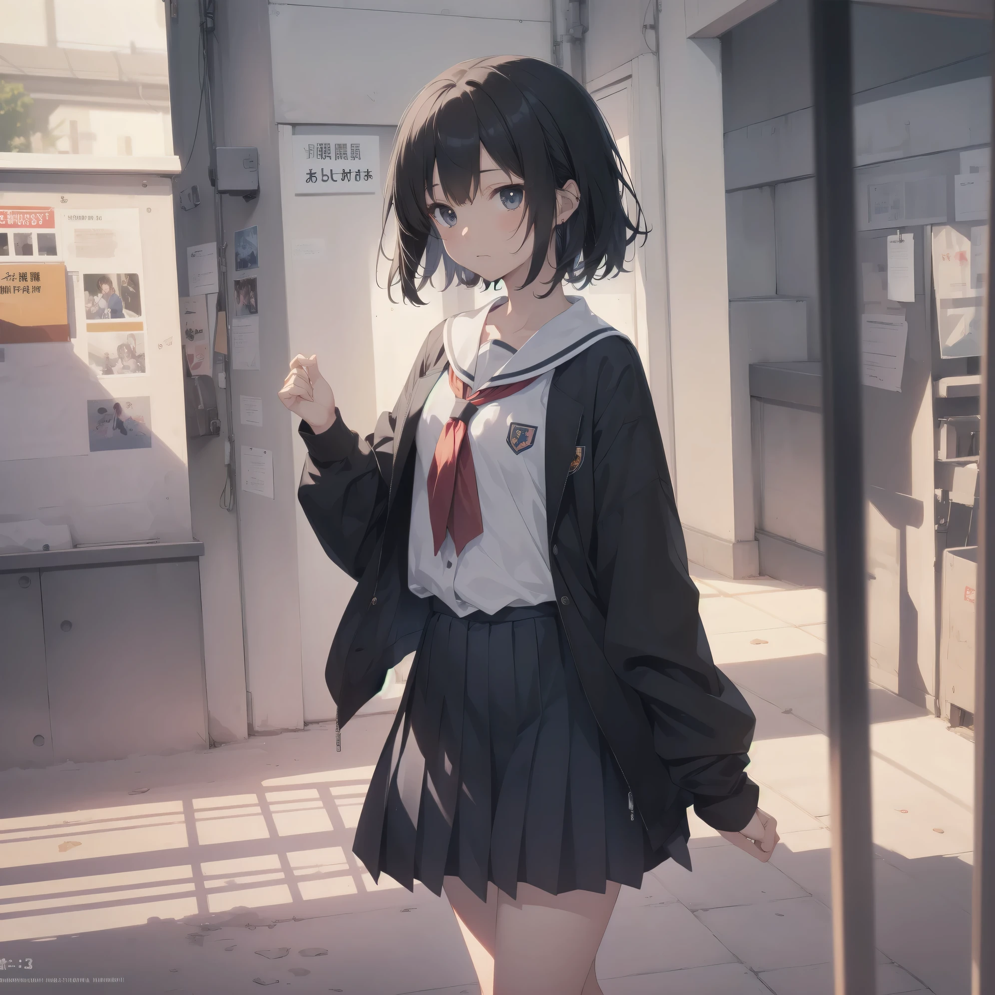 ultra-absurdres-Top quality by artist God, ultra-detailed, high resolution, anime moe artstyle, best anime 8k konachan wallpaper, pixiv contest winner, pool:2810, perfect anatomy,break, 1girl, (Please draw a girl walking sleepily to school alone. )break,(Solo,little female, 13-year-old:1.3),Full limbs, complete fingers,a junior high school student, (very short hair), short cut, flat chest, , small butt, small black eyes, beautiful detailed eyes, well-proportioned iris and pupils, expressive eyes, highres detailed hair, soft expression, salor school_uniform, sailor collar, serahuku, bow, pleated skirt,(Detailed Lighting), (Detailed background), in the School commute route. break,super detailed skin, Best cinematic lighting powered by famous artist, 8k,beauty illustration,photoshop_(medium),very aesthetic,break,((artist:ichimi )), artist:clamp ,artist:carnelian ,artist:kantoku ,