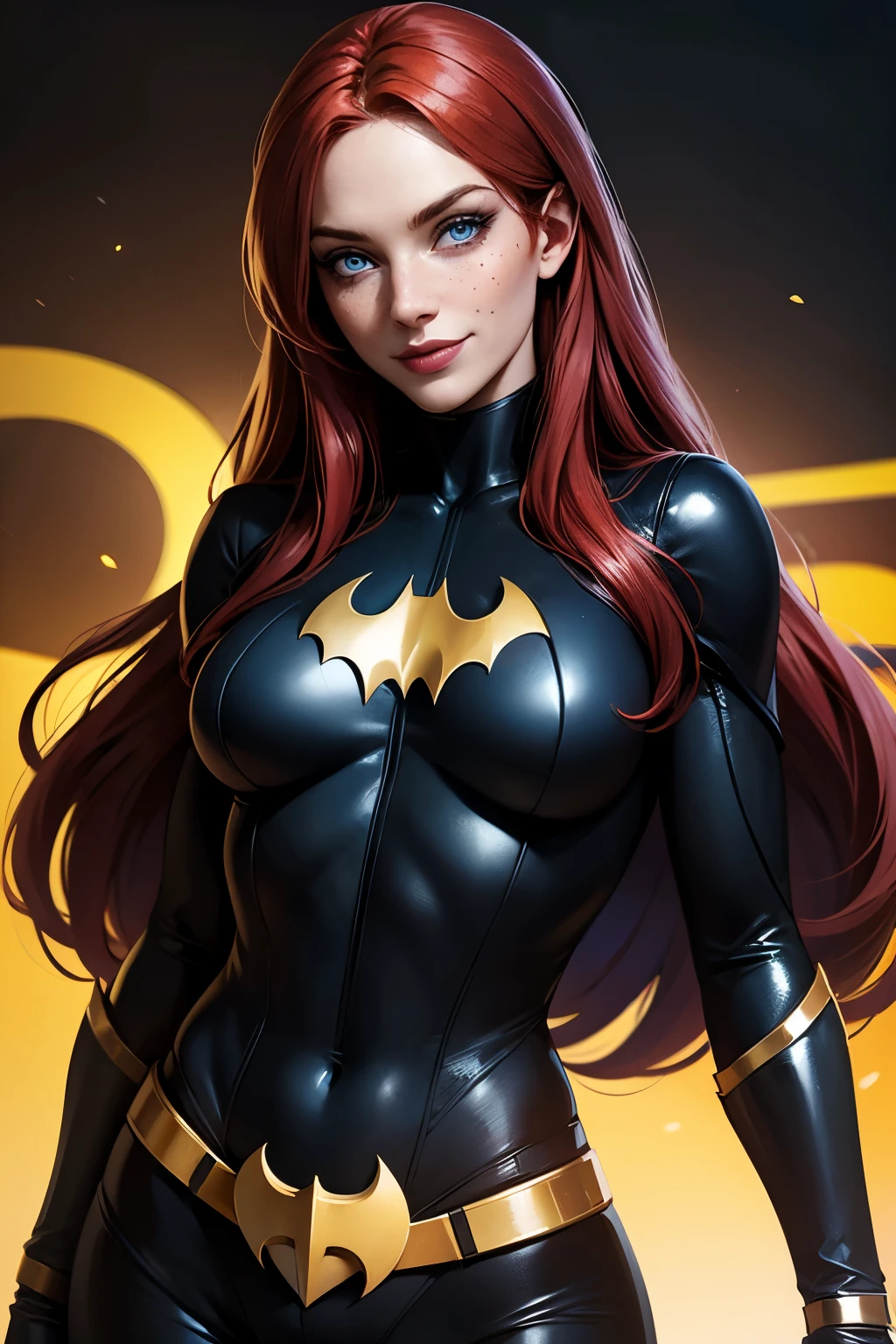 Batgirl, blue eyes, long red hair, smiling, light background, black suit with yellow accent, light freckles