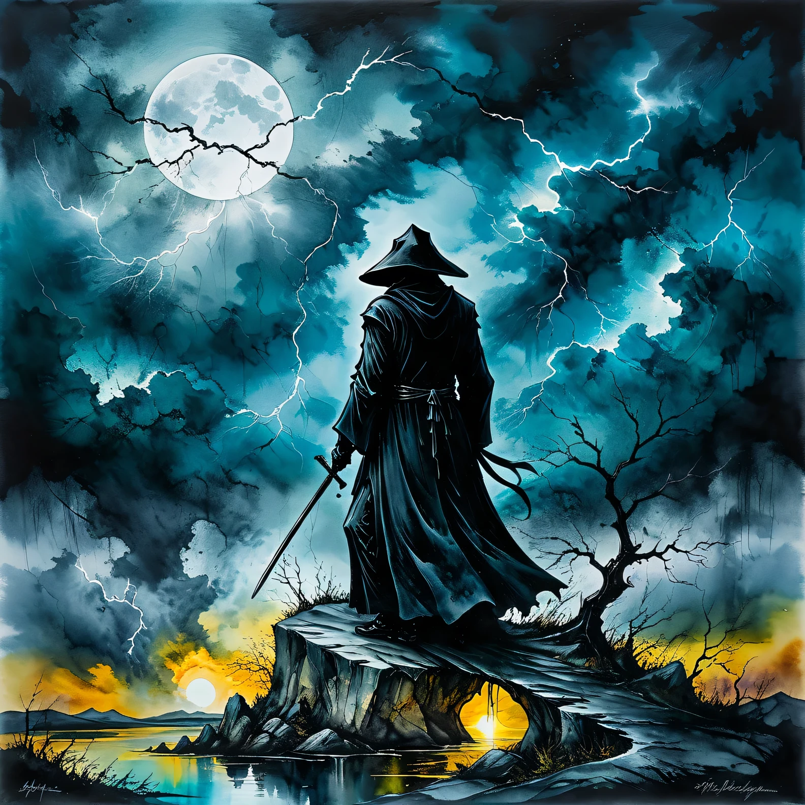 (The art of alcohol ink), the painting is painted with alcohol ink on textured paper and depicts a beautiful minimalistic landscape with Black Grim Reaper standing on a lonely rock, Black Grim Reaper looks ominous and gloomy, in the background a gloomy sky with clouds and lightning, the painting is made with alcohol ink, the work of a master, clear contours, 32k