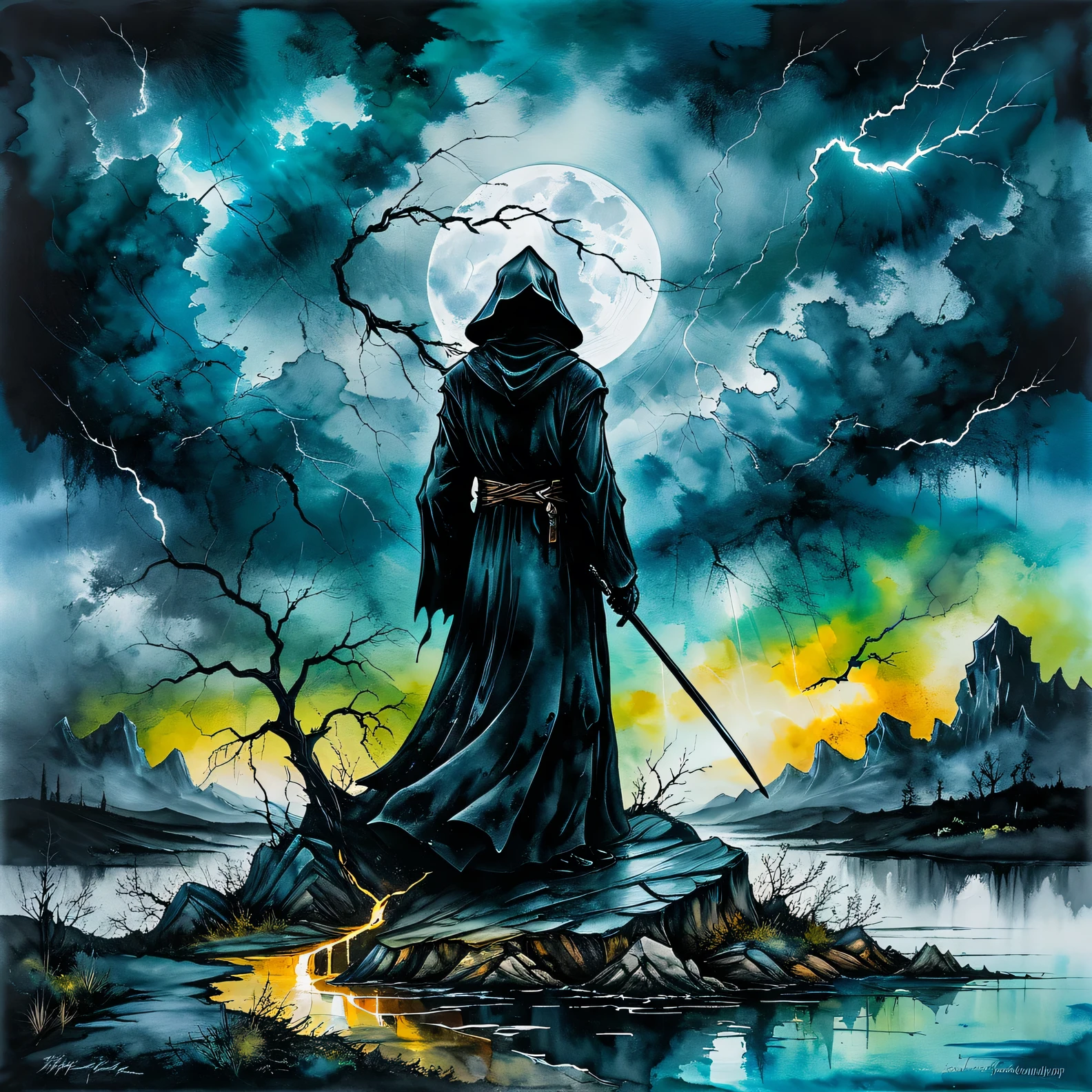 (The art of alcohol ink), the painting is painted with alcohol ink on textured paper and depicts a beautiful minimalistic landscape with Black Grim Reaper standing on a lonely rock, Black Grim Reaper looks ominous and gloomy, in the background a gloomy sky with clouds and lightning, the painting is made with alcohol ink, the work of a master, clear contours, 32k