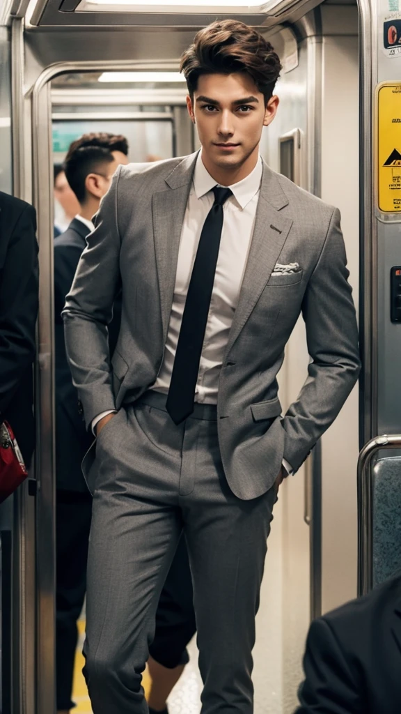man in the subway,Standing in a subway car,Ultra-flat head,Wearing a suit,huge bulge, leg apart,musculous,Handsome, pervert smirk,exhilarated,full bodyesbian,Exposing thighs, In crowded subway cars, 16k resolution , ultra-high clarity , hyperrealism , ultra hd picture , uhd , details face , details , handsome man , high quality , nsfw , sexy , bare thighs