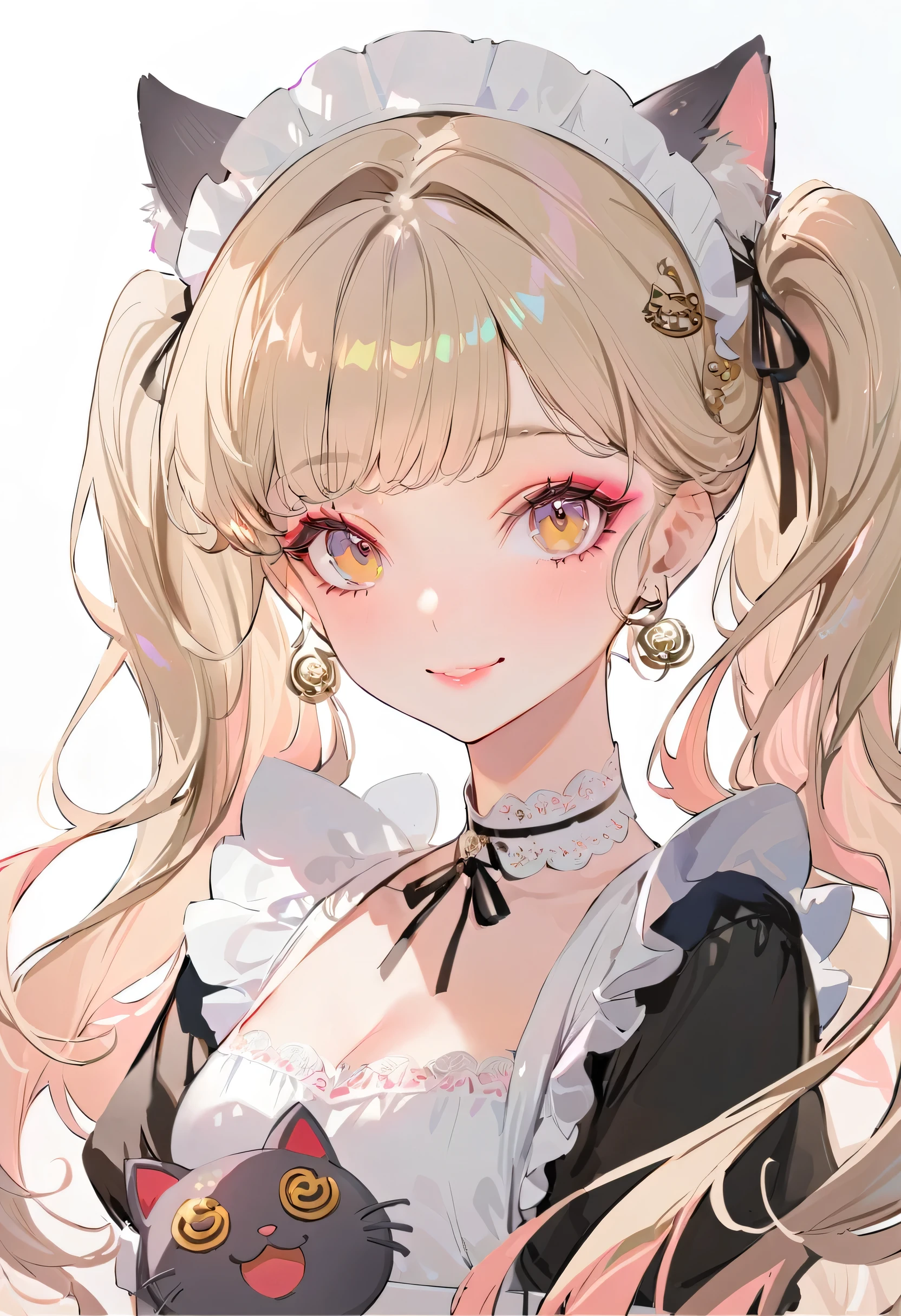(neko maid:1.5),(best quality,ultra-detailed,highres:1.2),beautiful girl with flawless face,very_long eyelashes, detailed lips, radiant smile, soft skin, glossy hair,vibrant background, natural lighting,The cutest girl in the world,Exquisite makeup