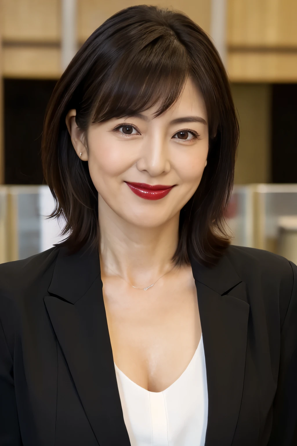 One Japanese woman, Detailed face, Red lipstick, Captivating look, From the chest up, highest quality, Very detailed, Perfect Anatomy, Wearing a black suit, Short sleeve, Straight Hair, Age 37, mature, Sexy smile, Well-shaped D cup breasts, Hunchback, Cleavage, office, (Looking at the camera), (From above)