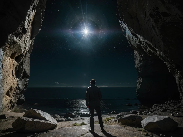A man looking  between two huge rocks , observed a new new universe, hyper realistic limitless cosmos, turning back to the camera, very amazing picture, very strong light coming from the another universe 