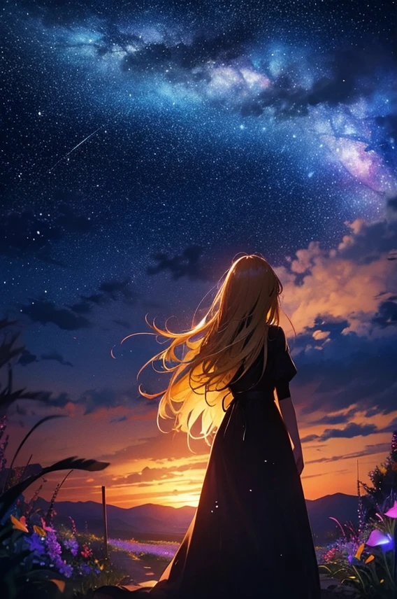 1people々々々々々々,Blonde long-haired woman, Dress Silhouette, Rear View,Space Sky, Starry Sky,rainbow,Flower Field,Colorful flowers