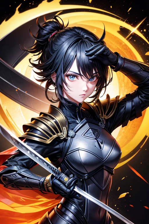 Personagem masculino, with advanced black technology armor, cabelos pretos,(( olho amarelos)),( corpo inteiro), (holding a technological katana)