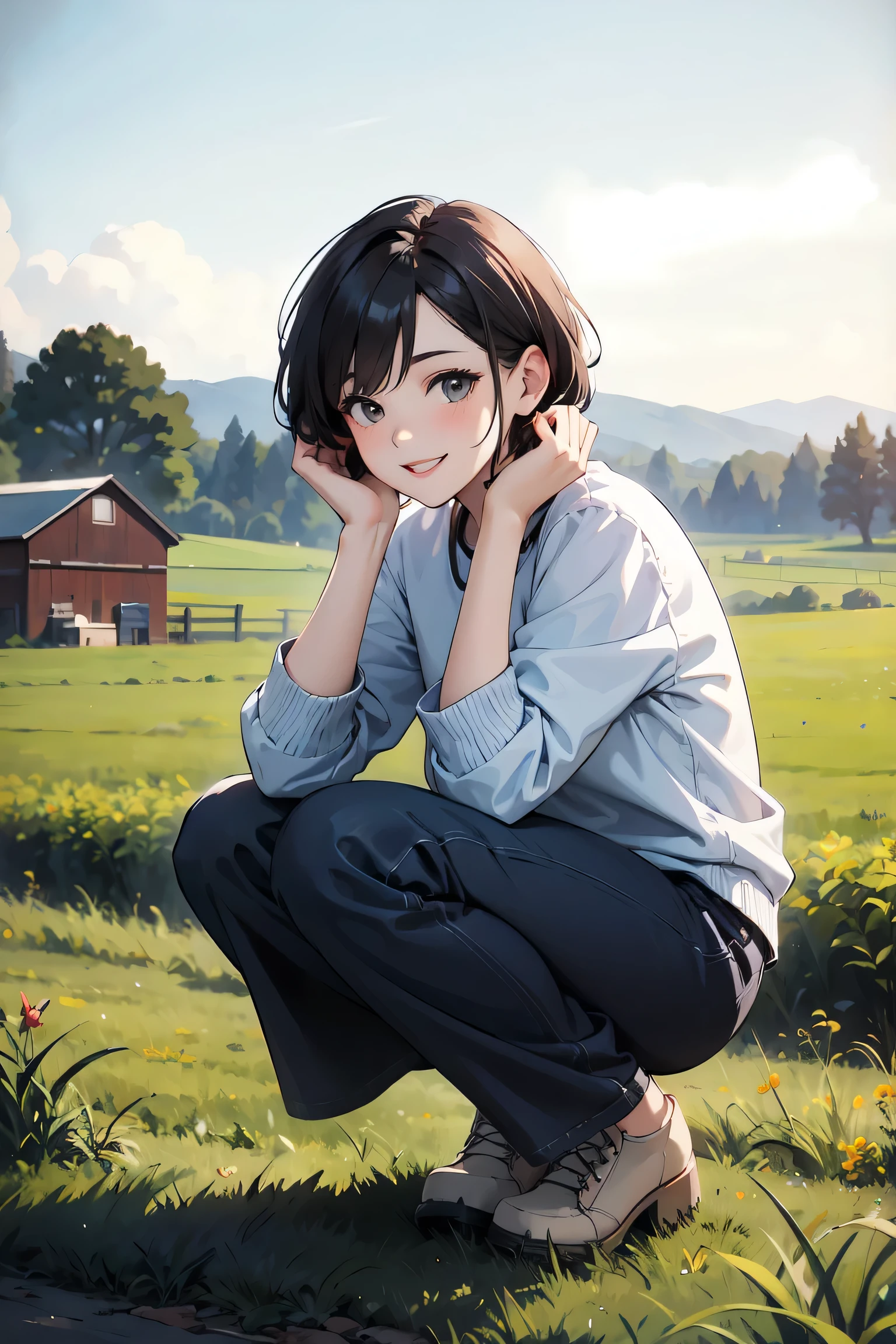 beautiful female short hair ,squatting ,casual ,farm,happy