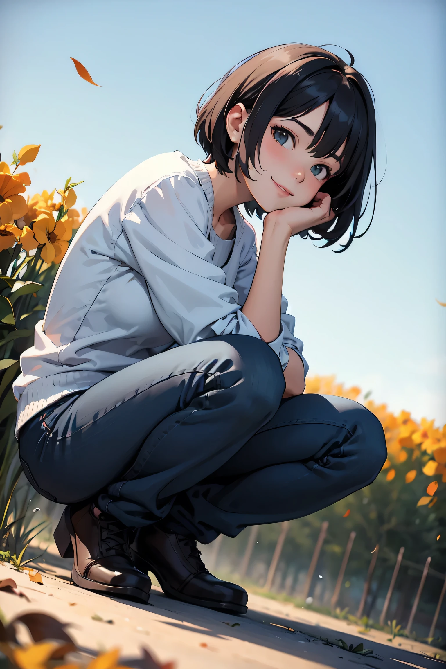 beautiful female short hair ,squatting ,casual ,farm,happy , dutch angle