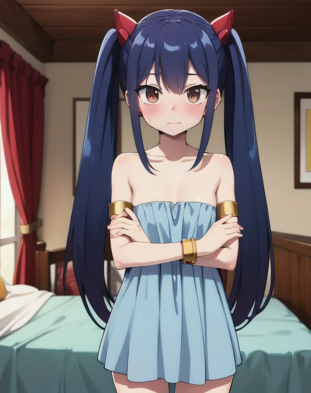 masterpiece, highest quality, High resolution, Arwendy, Long Hair, Twin tails, hair ornaments, Exposing shoulders,
,Bracelet, bracelet, Bedroom,Cowboy Shot,
Embarrassed,topless