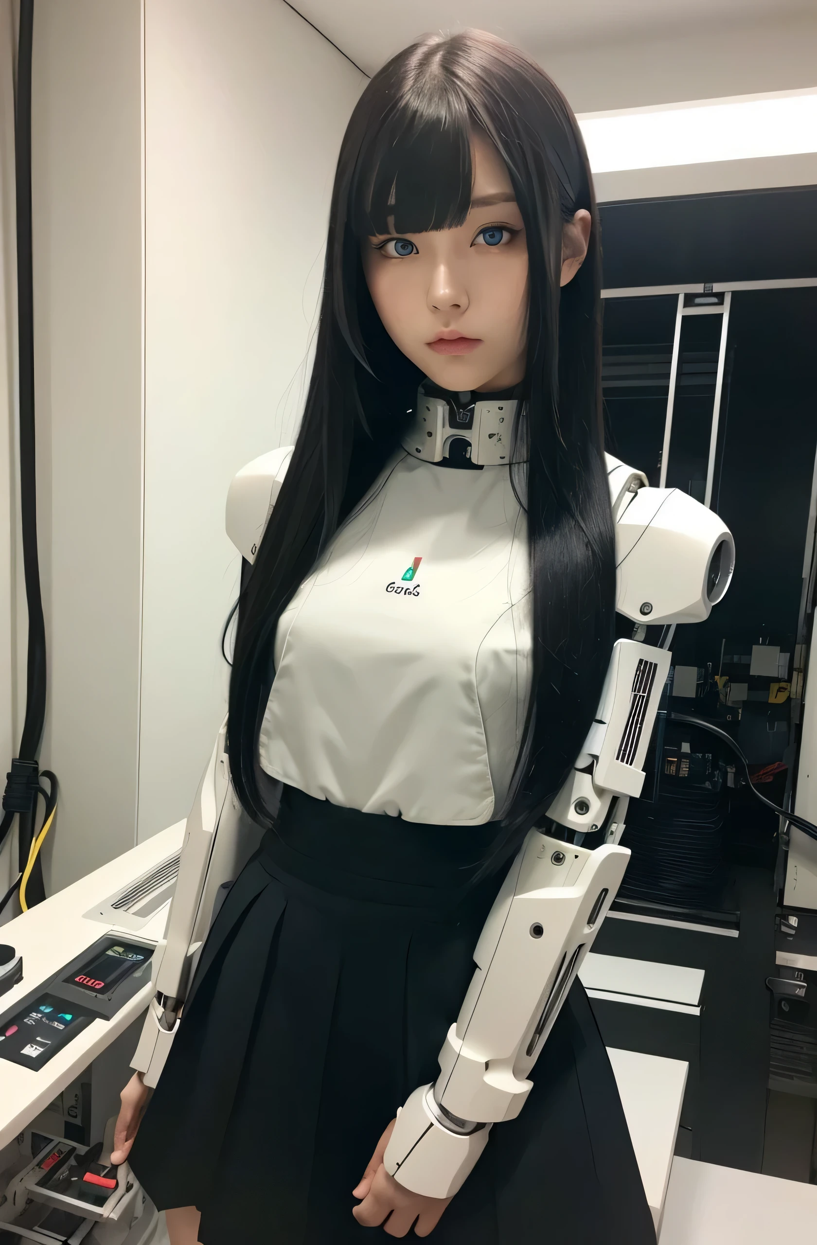 masterpiece, best quality, extremely detailed, Japaese android girl,Plump , control panels,android,Droid,Mechanical Hand, Robot arms and legs, Black hair,Blunt bangs,perfect robot girl,long tube,thick cable connected her neck,android,robot,humanoid,cyborg,japanese cyborg girl ,future laboratory,connecting a cable between the legs,skirt, high socks,blue eyes