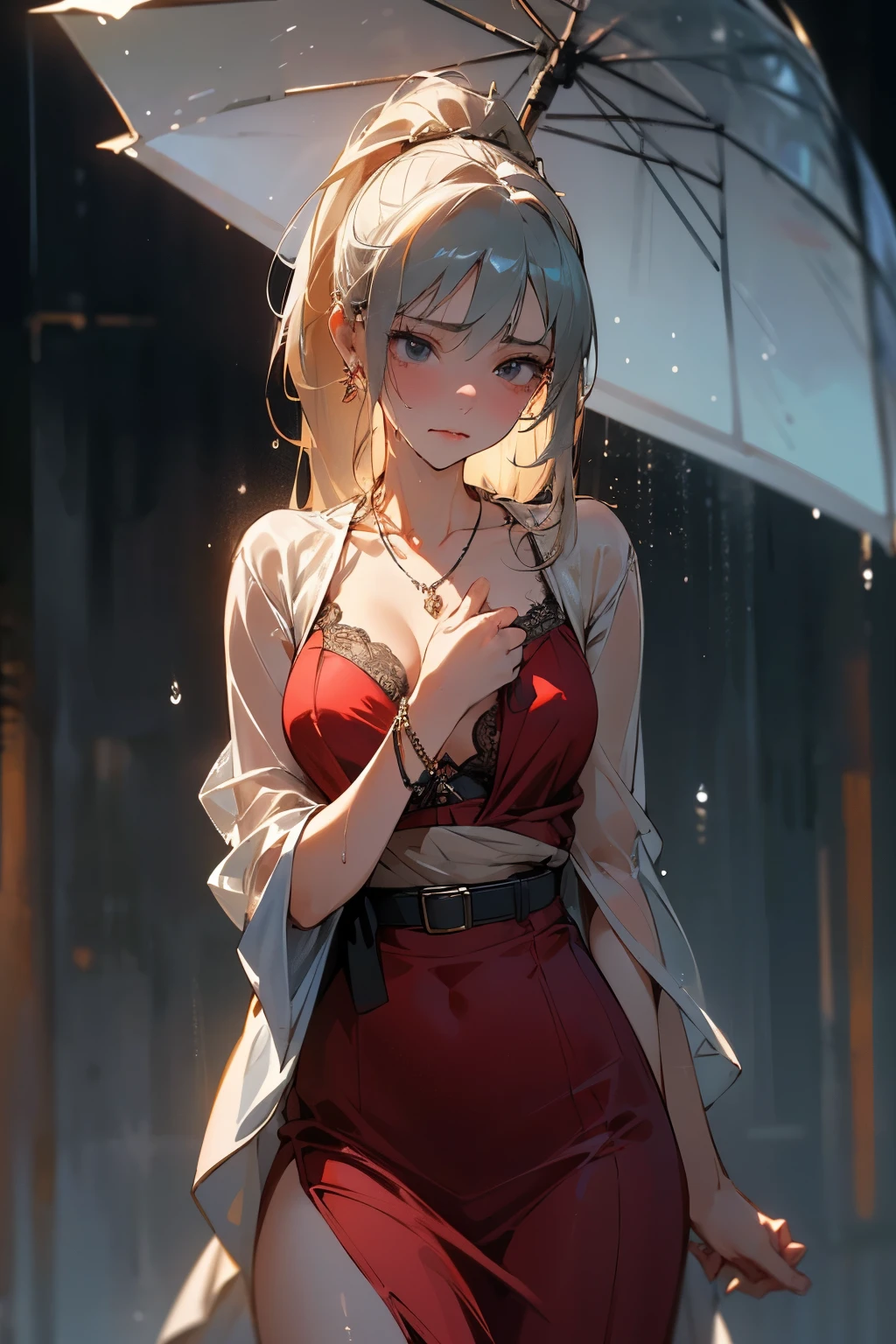 (RAW shooting, Photoreal:1.5, 8K, highest quality, masterpiece, ultra high resolution), perfect dynamic composition:1.2, Night street corner of a modern city, expression of sadness:0.3, (((Typhoon heavy rain))), Highly detailed skin and facial textures:1.2, Slim office lady wet in the rain:1.3, Japanese girl, 22 years old, Fair skin, white skin, sexy beauty:1.1, perfect style:1.2, beautiful and aesthetic:1.1, very beautiful face, water droplets on the skin, High Ponytail, (rain drips all over my body:1.2, wet body:1.2, wet hair:1.3), (wet Red silk dress:1.3), collarbone, belt, (Big , Bra see-through, Chest gap), (cry, lovelorn, The expression on your face when you feel intense caress, Facial expression when feeling pleasure), (beautiful black eyes, Eyes that feel beautiful eros:0.8), (Too erotic:0.9, Bewitching:0.9), cowboy shot, necklace, earrings, bracelet, clock